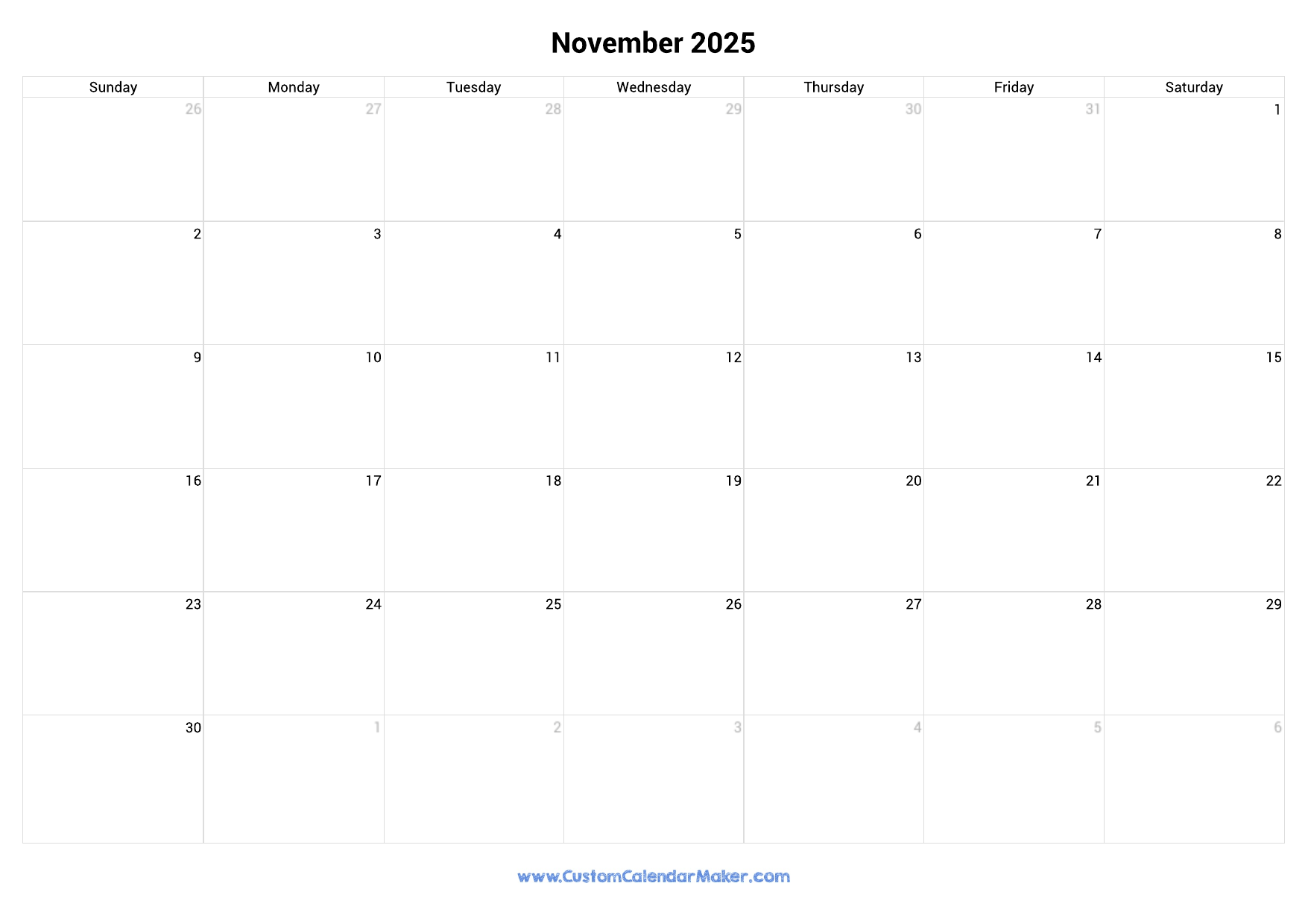 November Calendar 2026 Printable Large Boxes