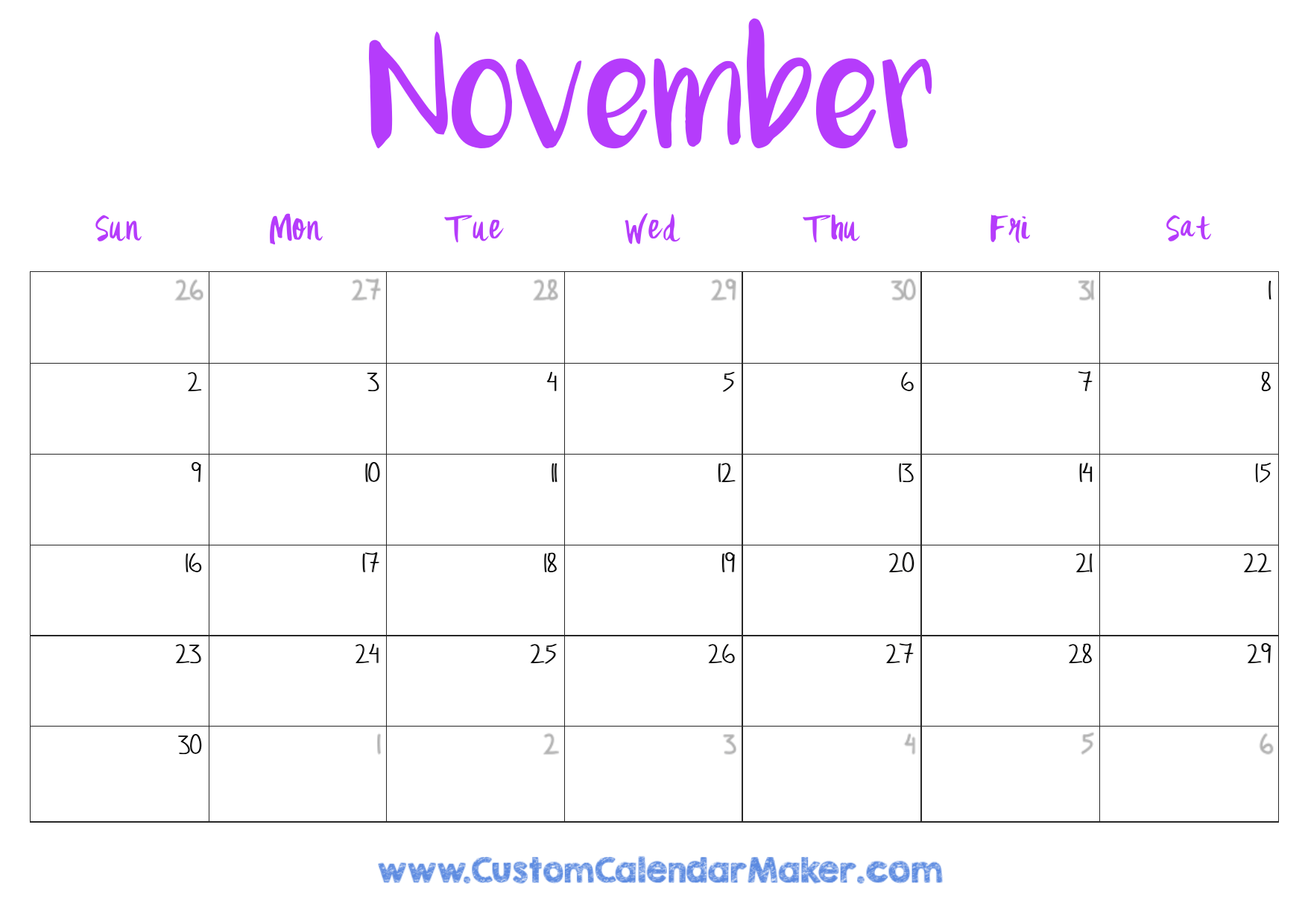 November Calendar Each Day Printable