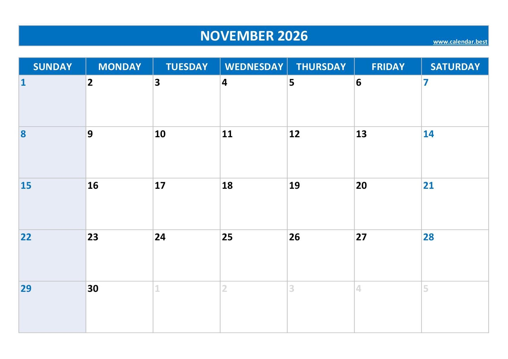 Printable Month Of November Calendar 2026