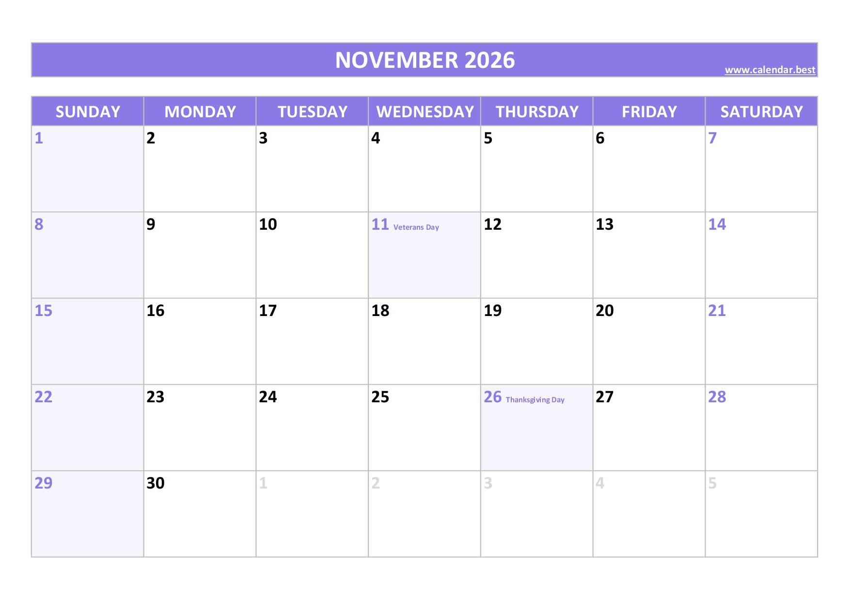 2026 November Calendar Monthly Printable Free