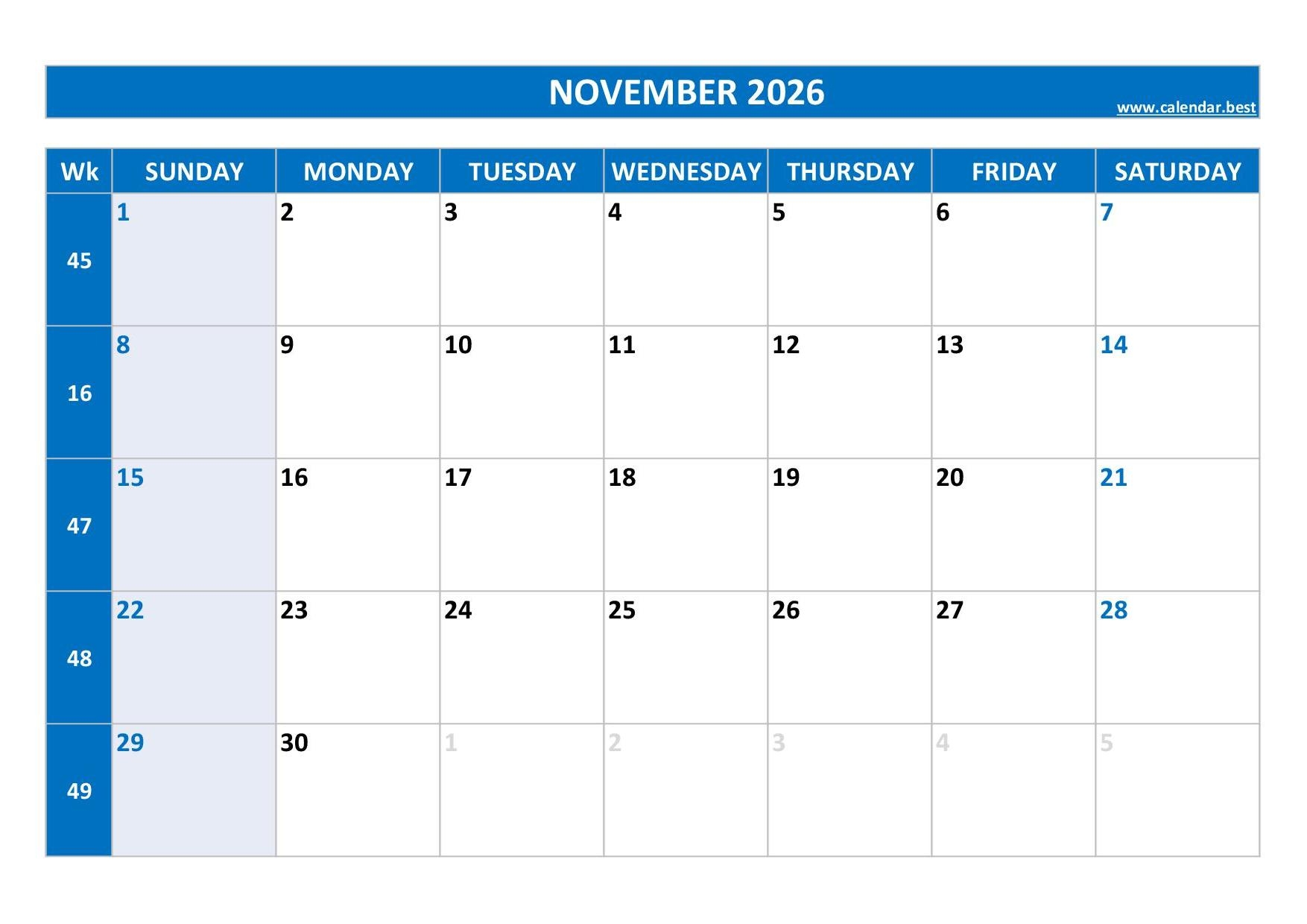 November 2026 Calendar Calendar best