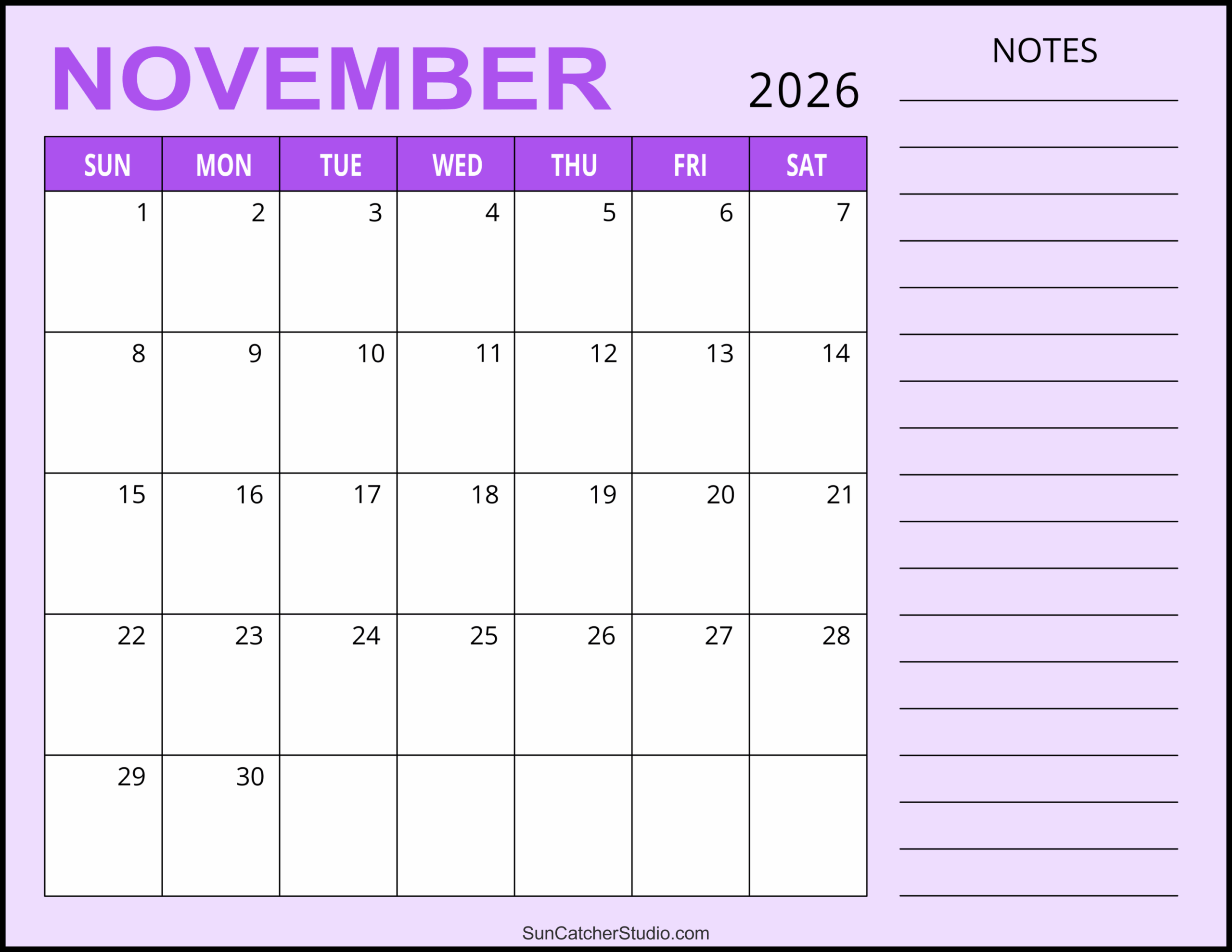Blank Calendar November 2026 Free Printable