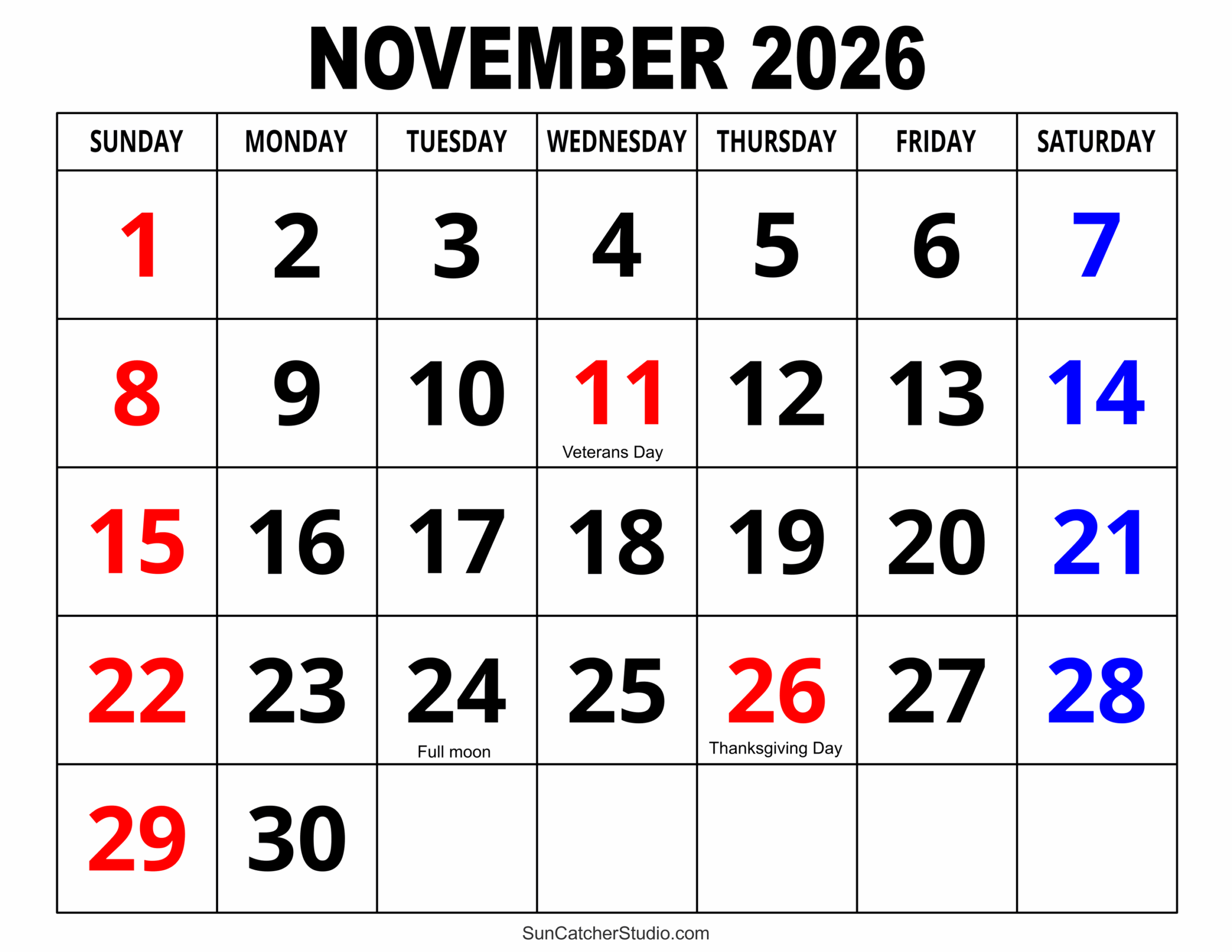 September Calendar November 2026 Printable Calendar