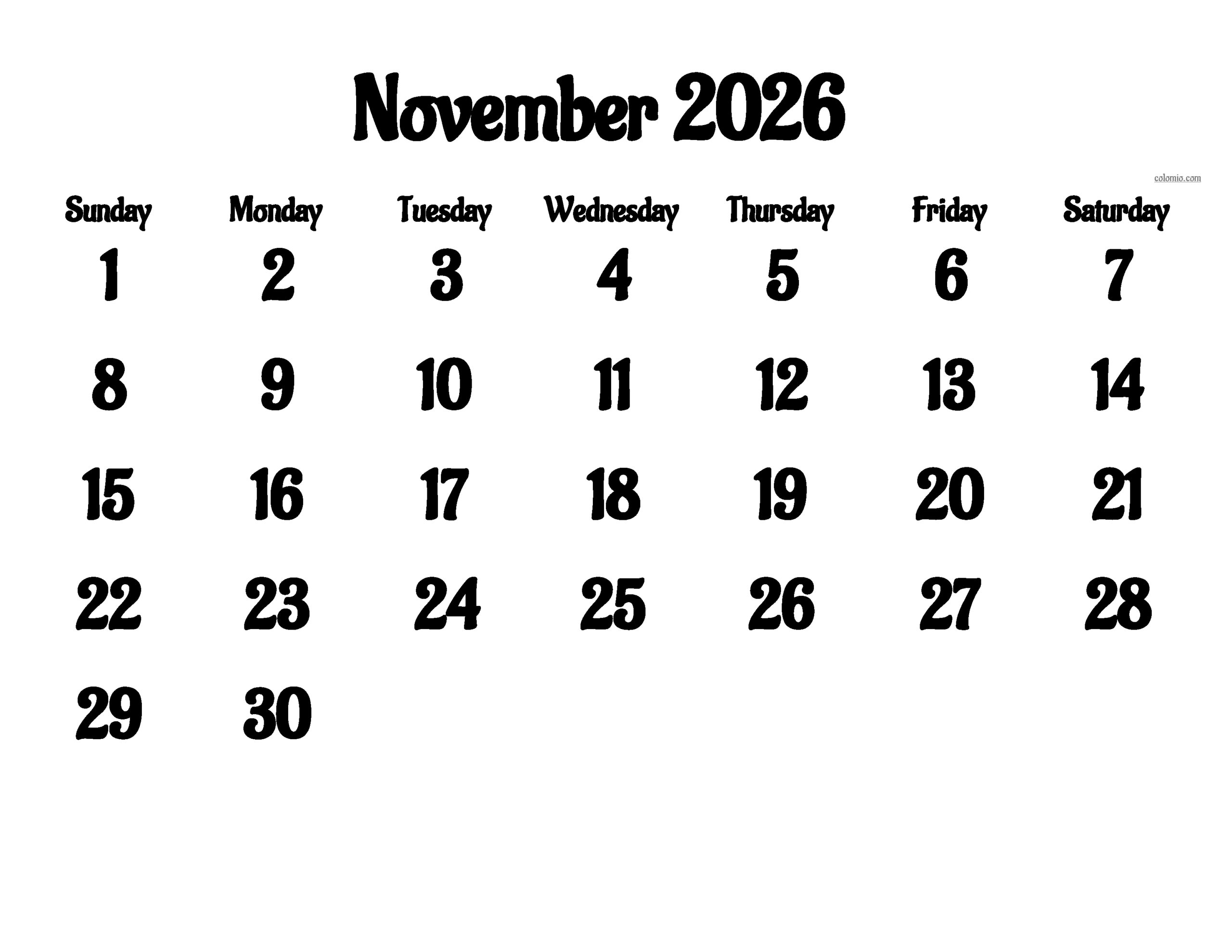 Printable November 2026 Calendar Page