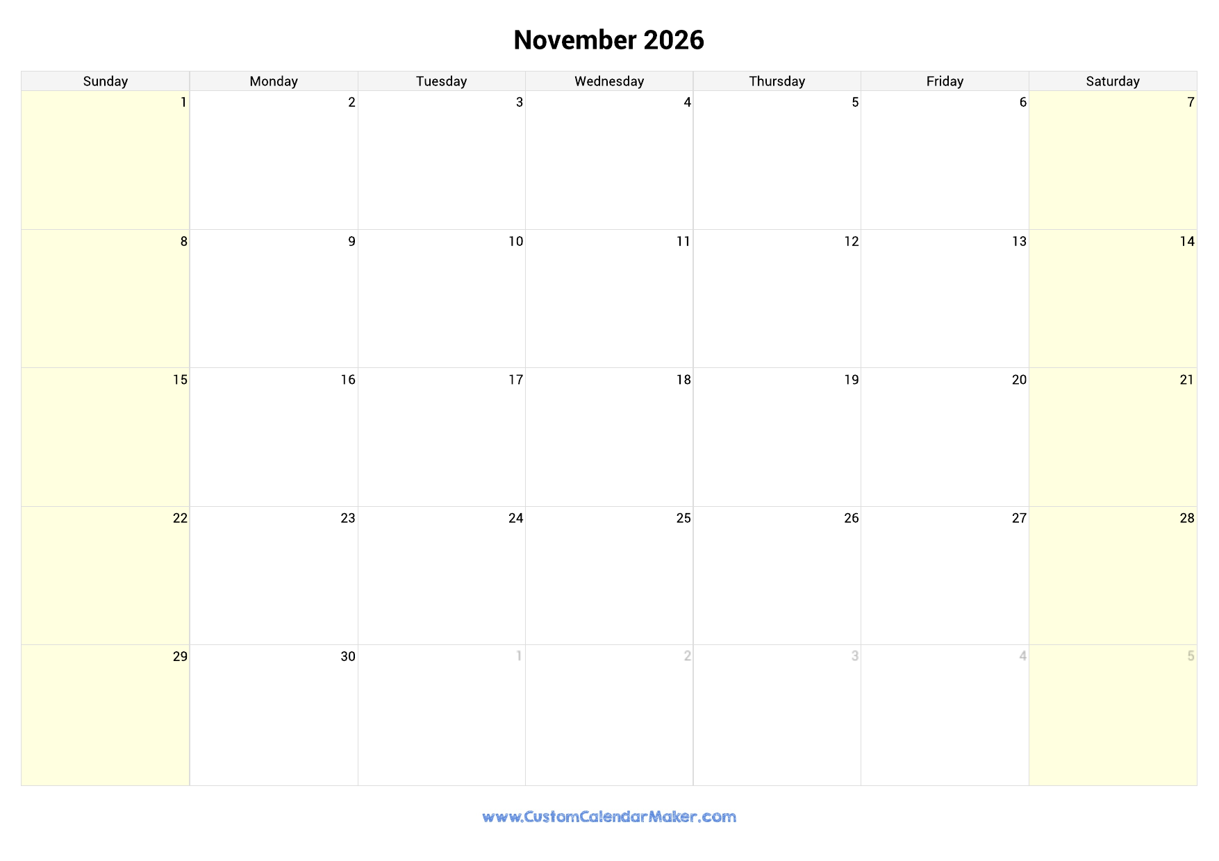 November 2026 Calendar Printable With Highlighted Weekends 