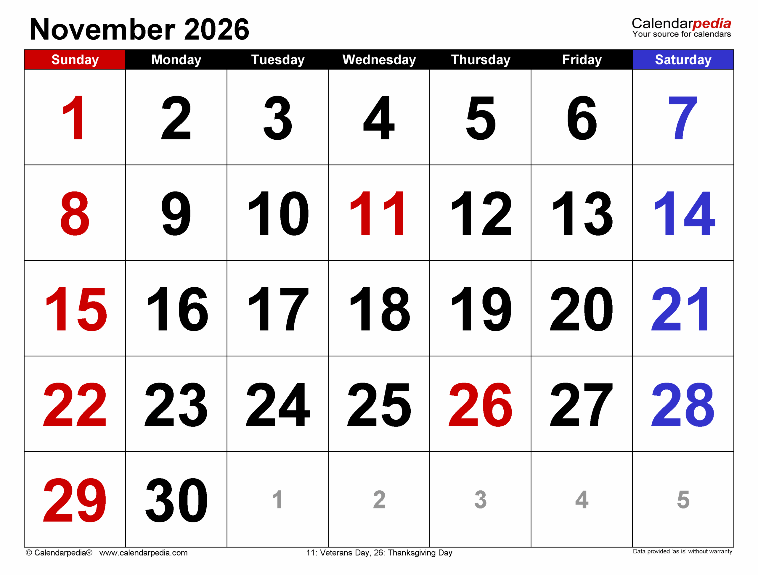 Online Printable 2026 Calendar November