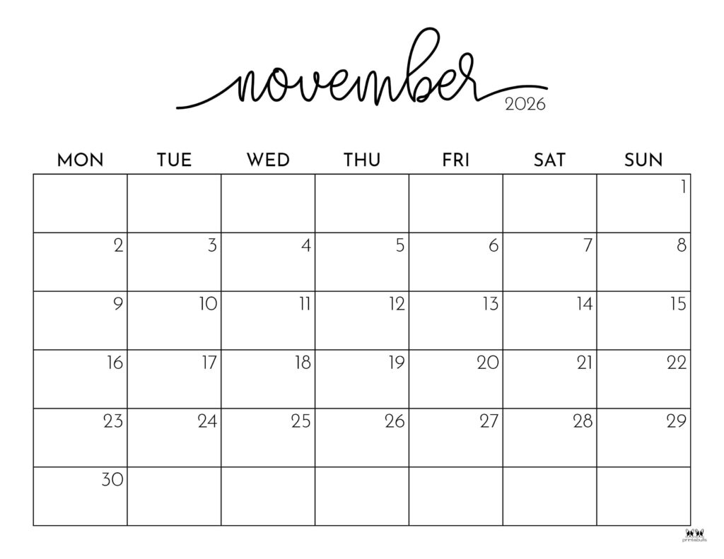 November Calendar With Holidays 2026 Printable