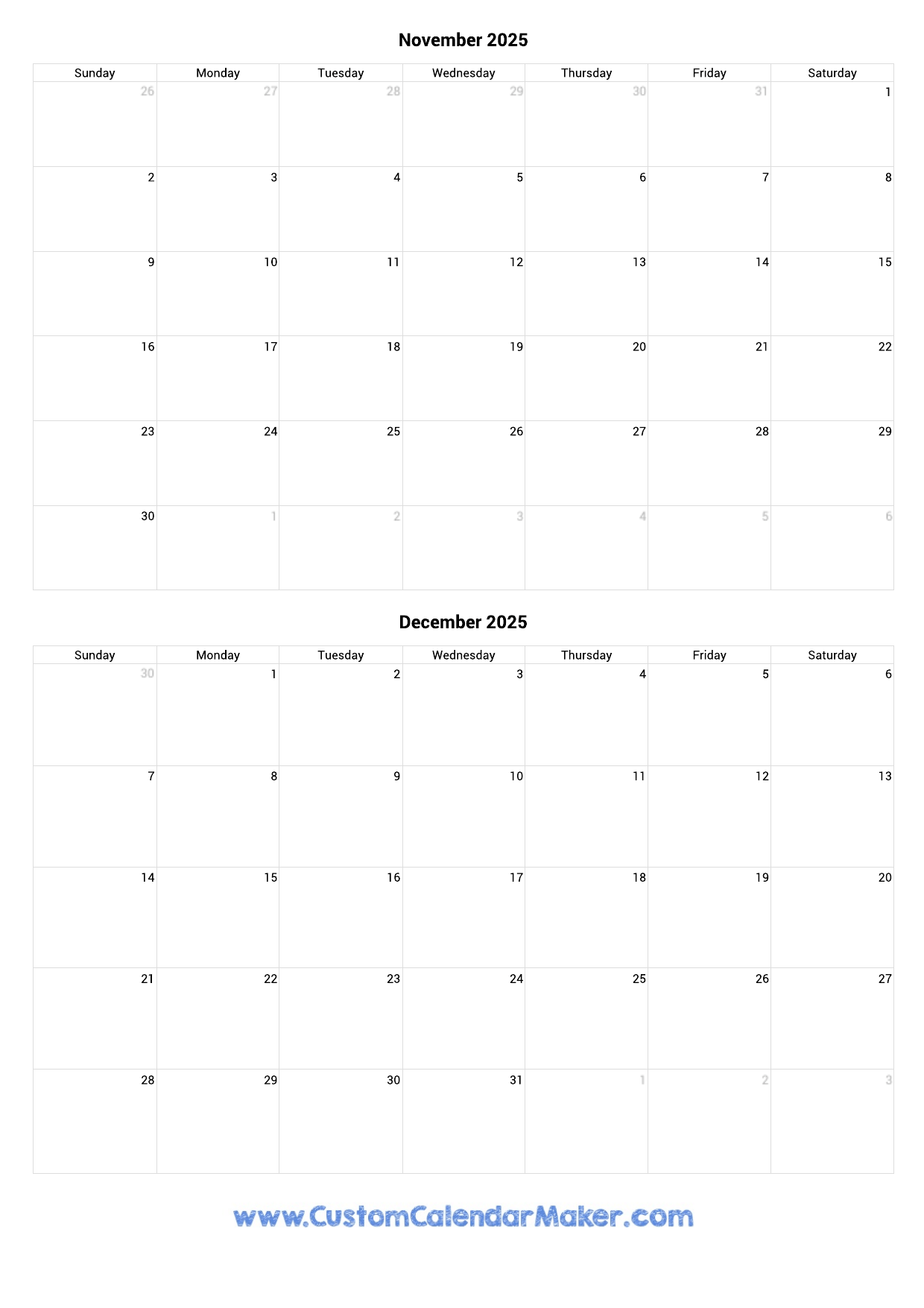 November And December Calendar Printable