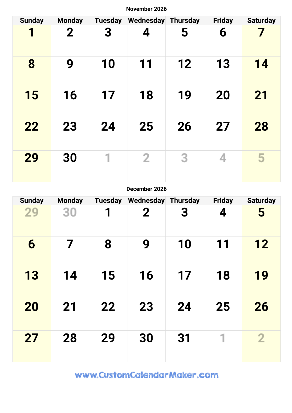 November And December 2026 Calendar Custom Calendar Maker