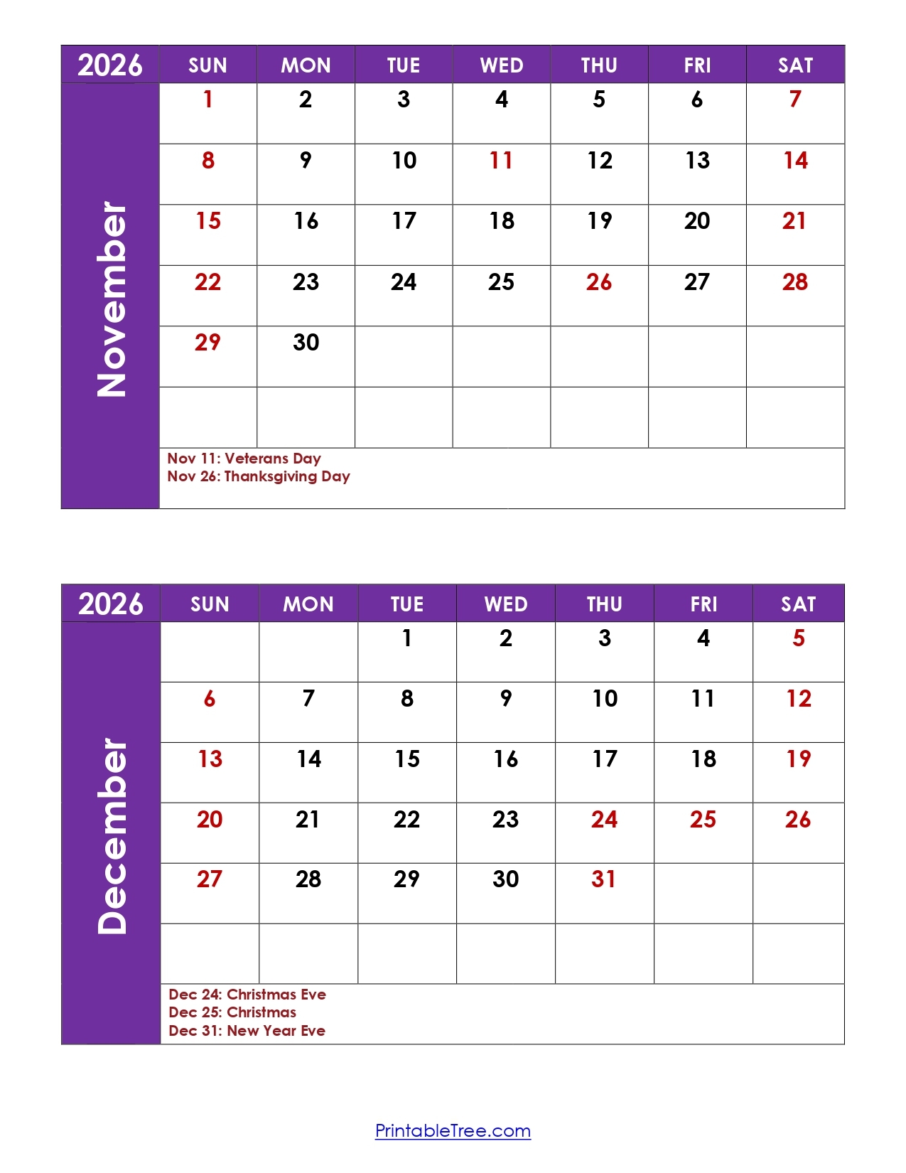 2026 Calendar Printable Novermber And December