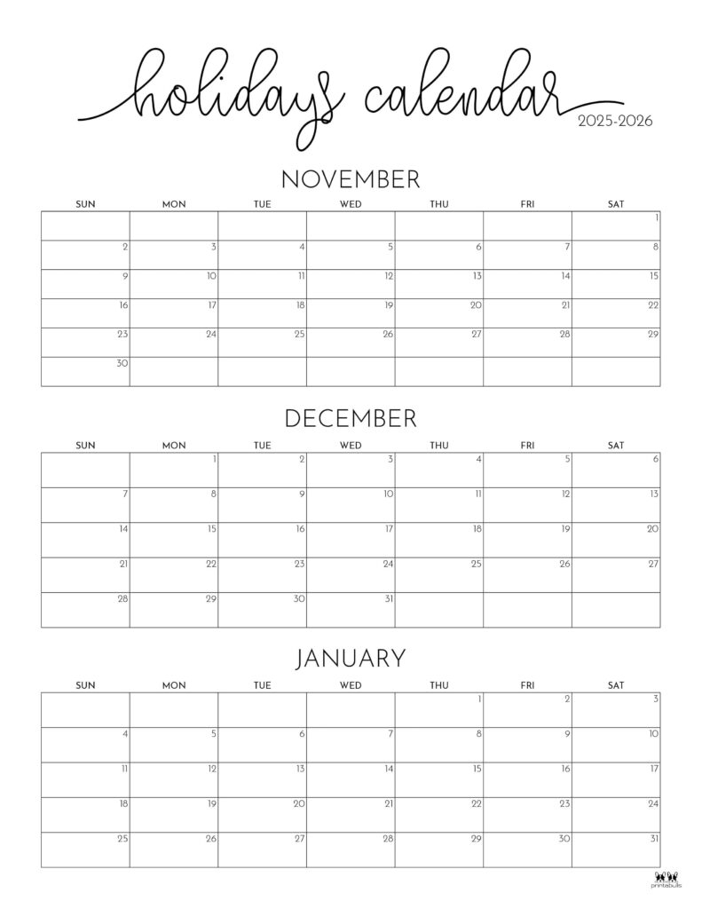 November December 2025 Calendars 28 Printables Printabulls