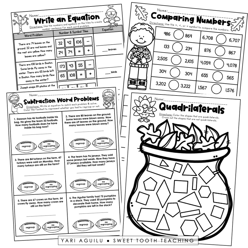 November No Prep Pack 2nd Grade Fall Worksheets Grammar Reading amp Math