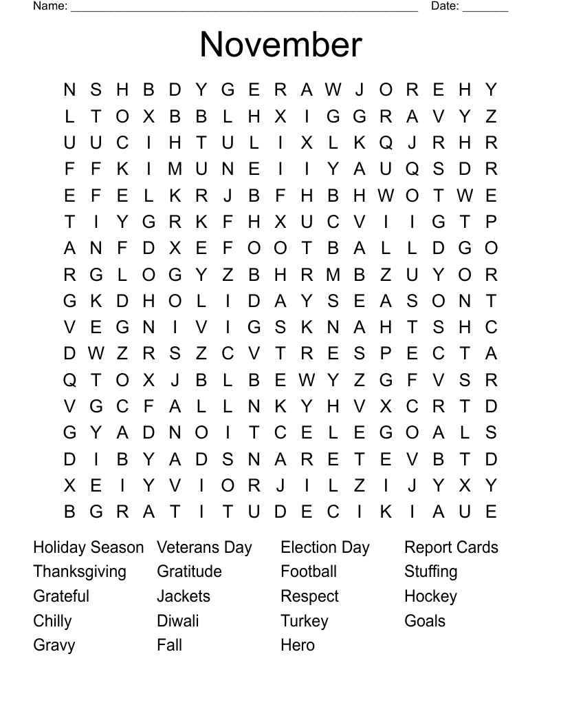 Free Printable November Crossword Puzzles