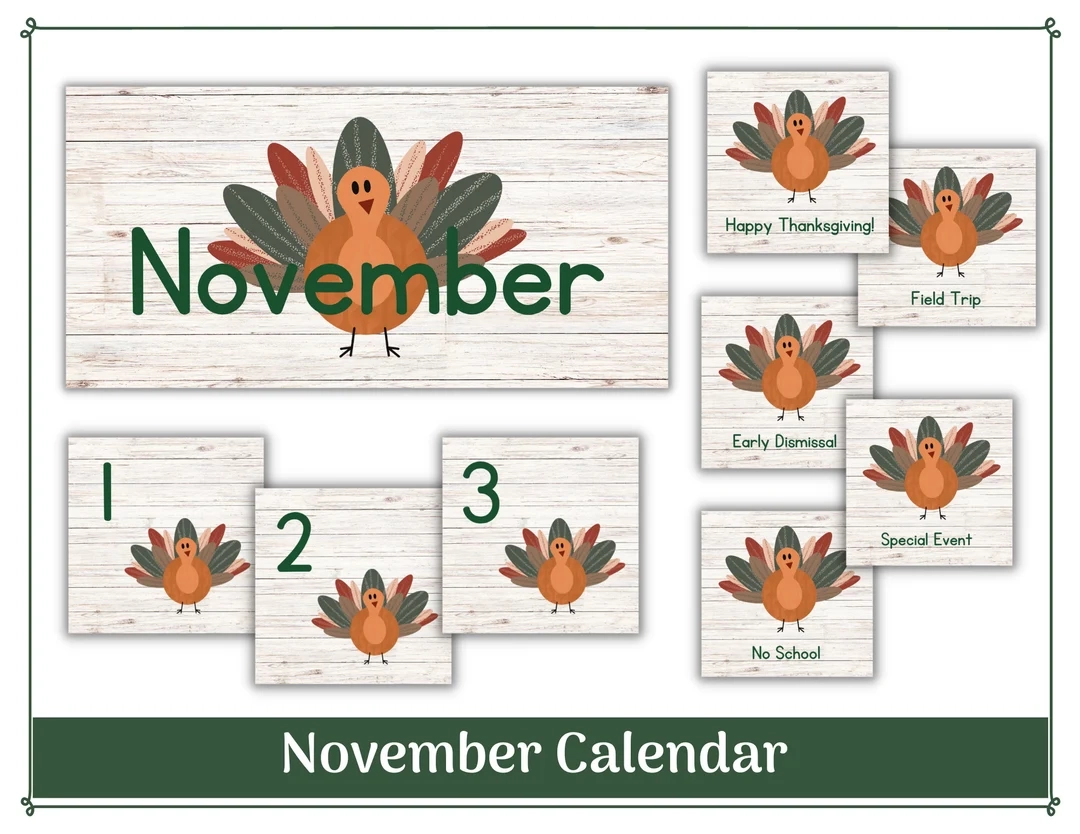 November Turkey Classroom Calendar Printable Headers amp Numbers 