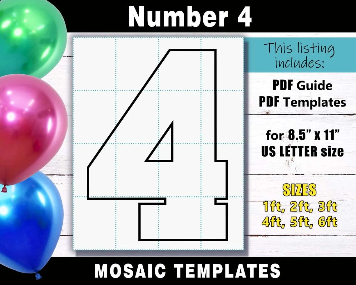 Number 4 Mosaic Balloon Frame Template Square Letters PDF Print 