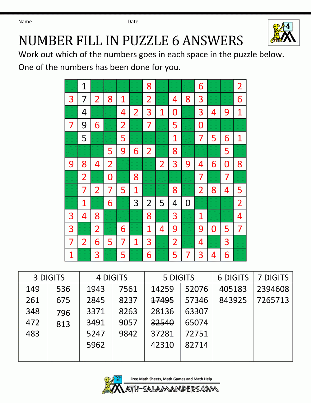 Number Fill In Puzzles