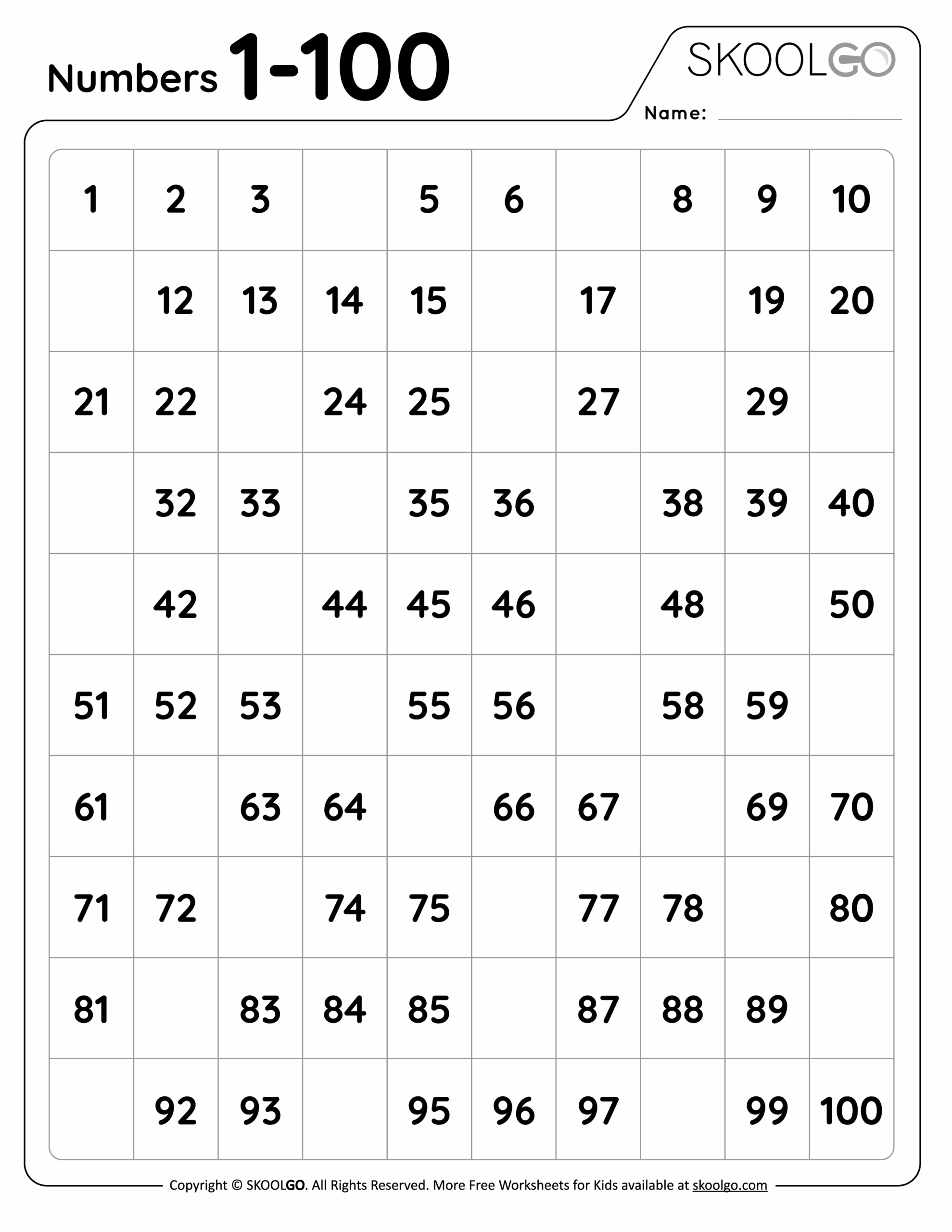 Numbers 1 To 100 Free Worksheet For Kids SKOOLGO