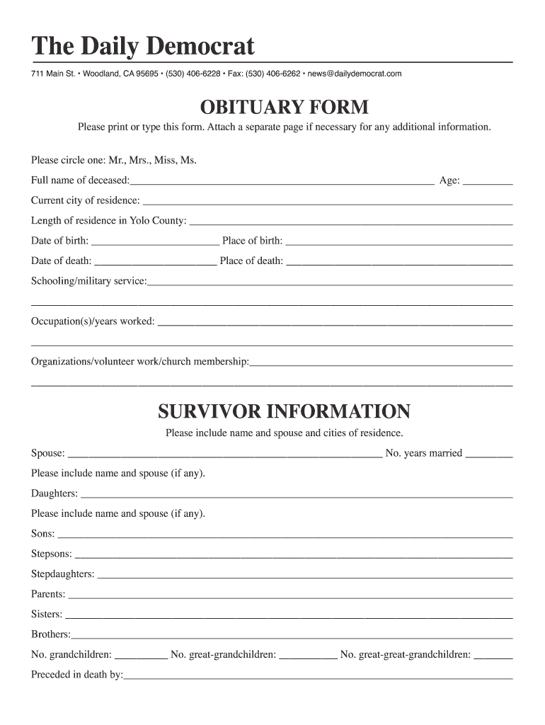 Free Obituary Template Printable Fillable