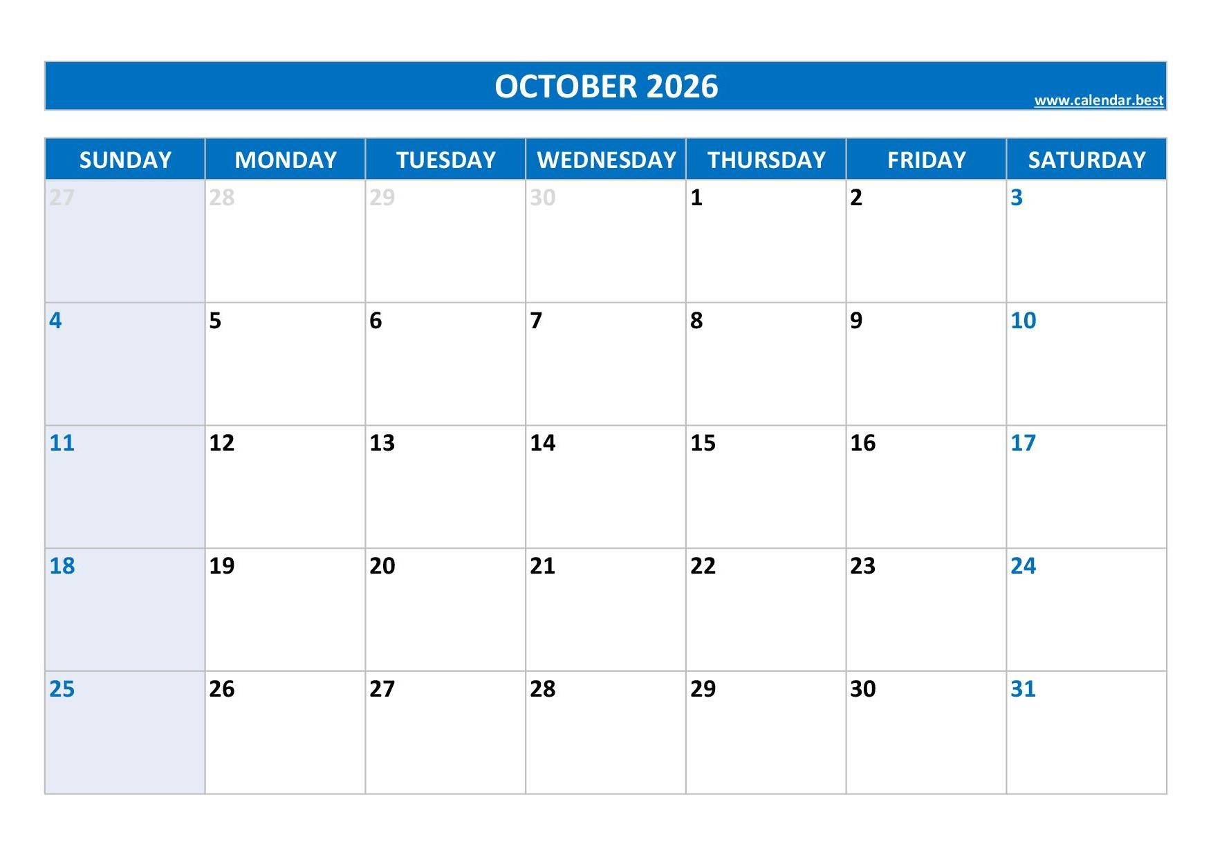 October 2026 Calendar Printable