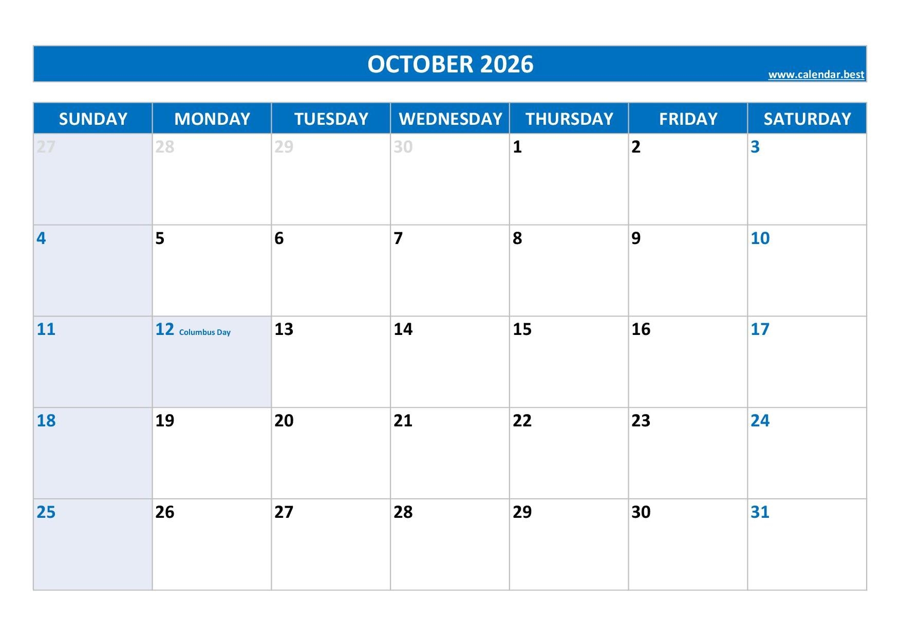 Blank Printable October 2026calendars