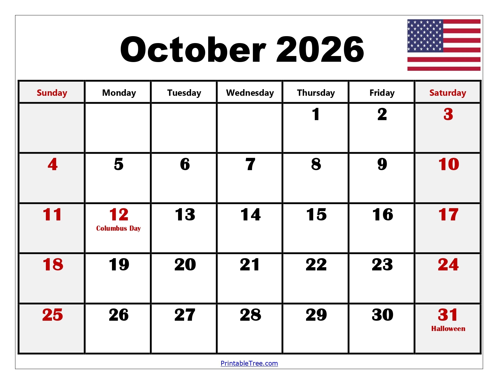 Calendar Oct 2026 Blank