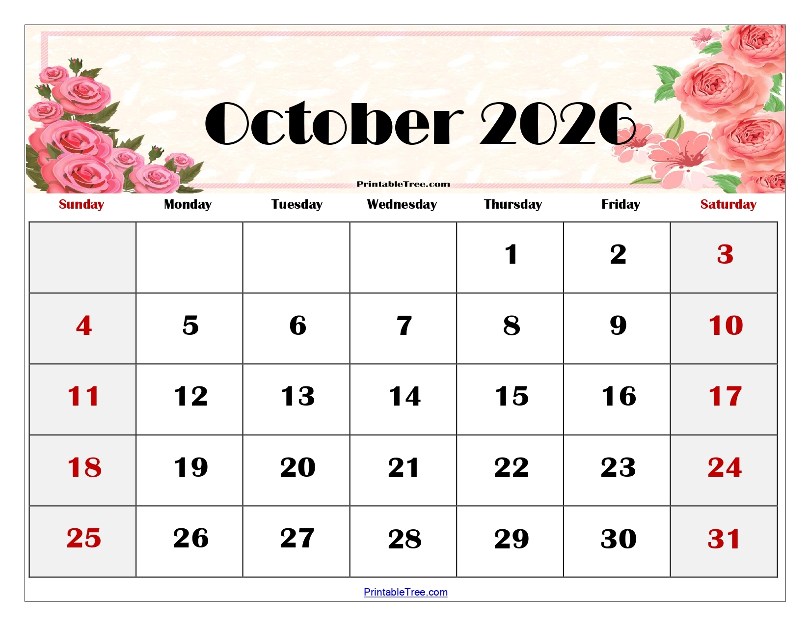 Blank Calendar Page October 2026