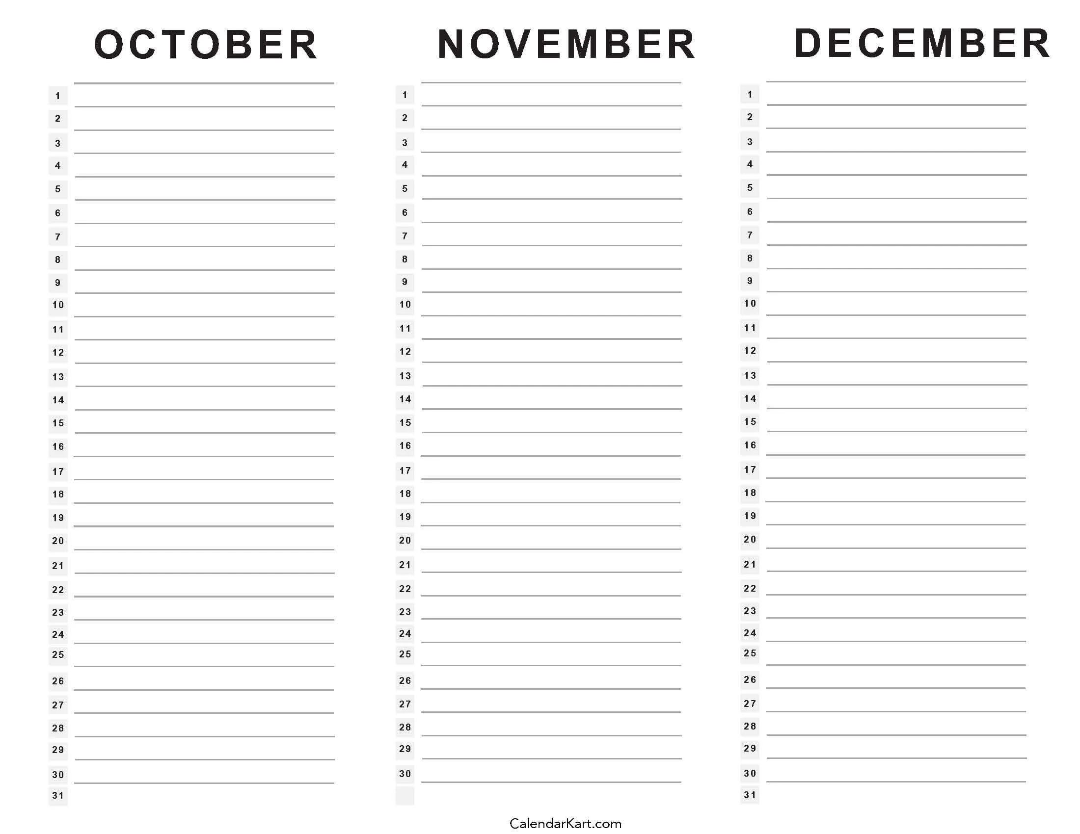 Printable October November December Calendar
