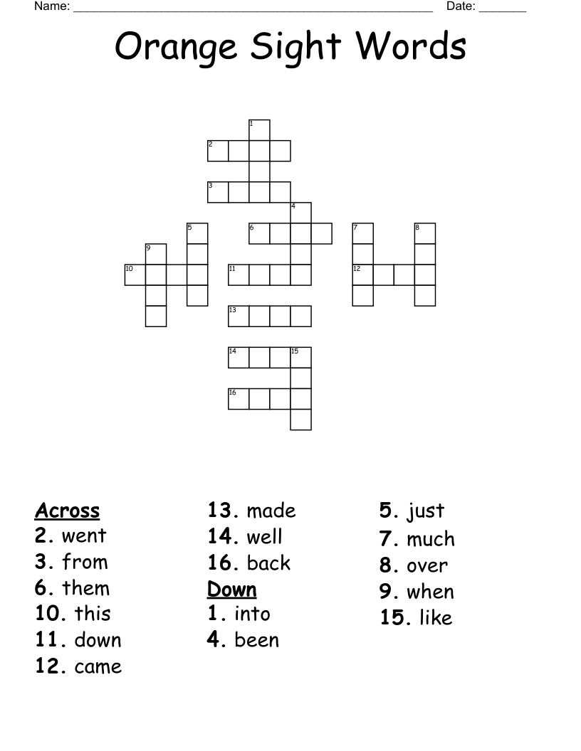 Sight Word Crossword Puzzle