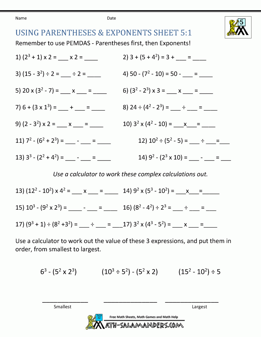 Free Printable Math Worksheets Exponents