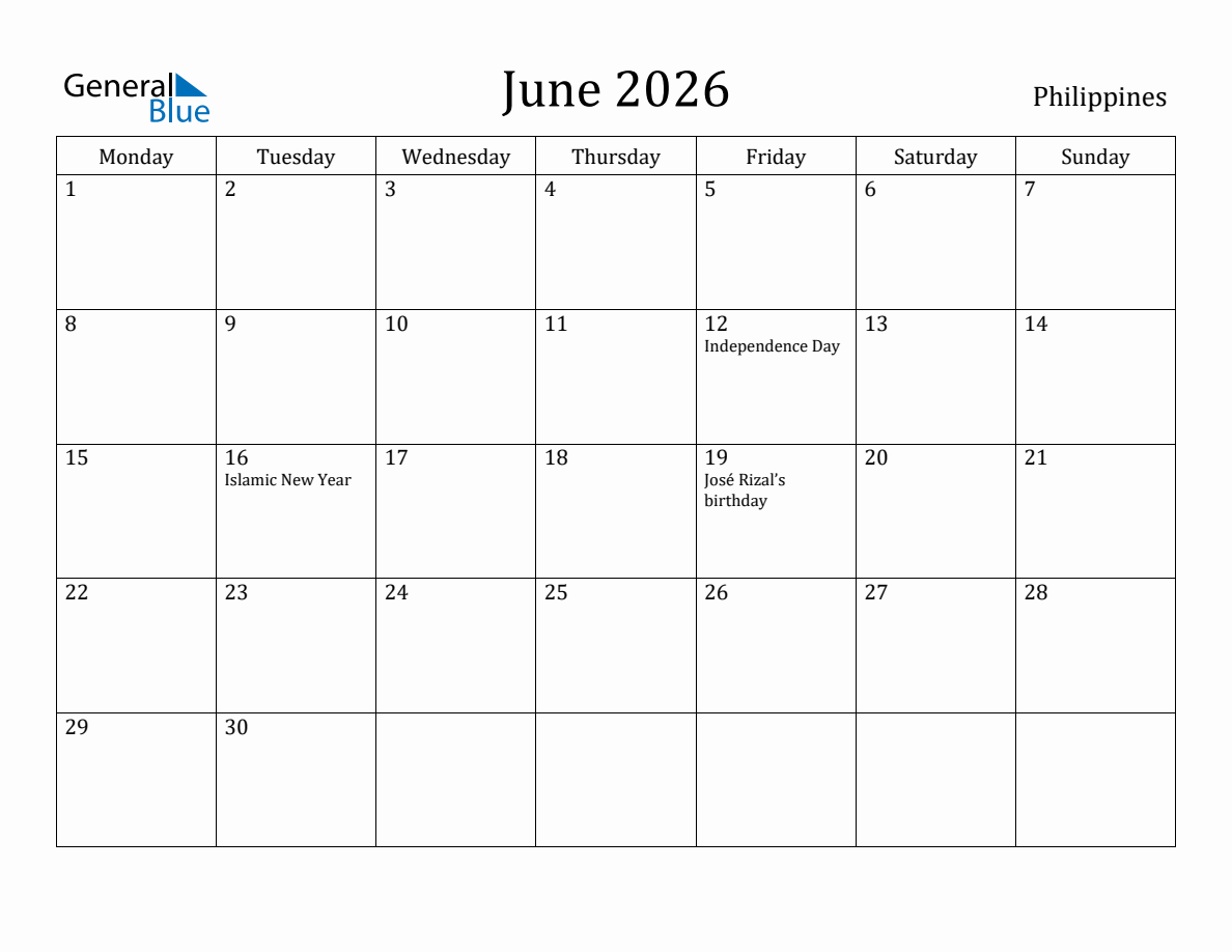 Philippines Monthly Calendar June 2026 Monday Start 