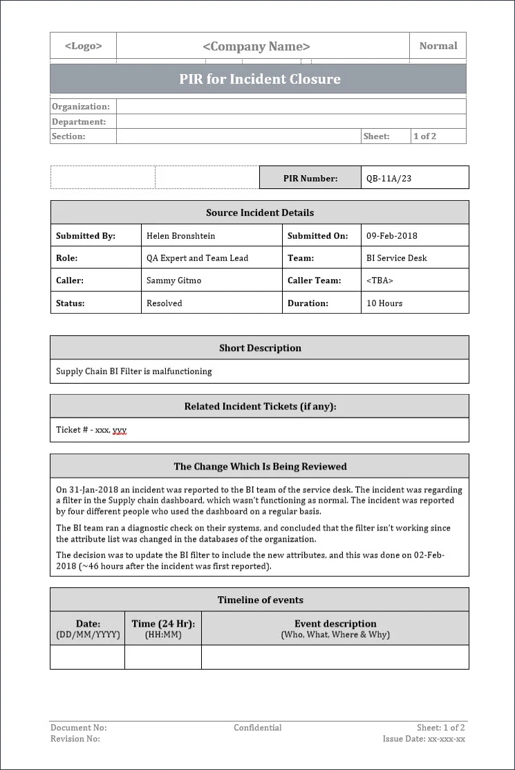 PIR Incident Closure Template