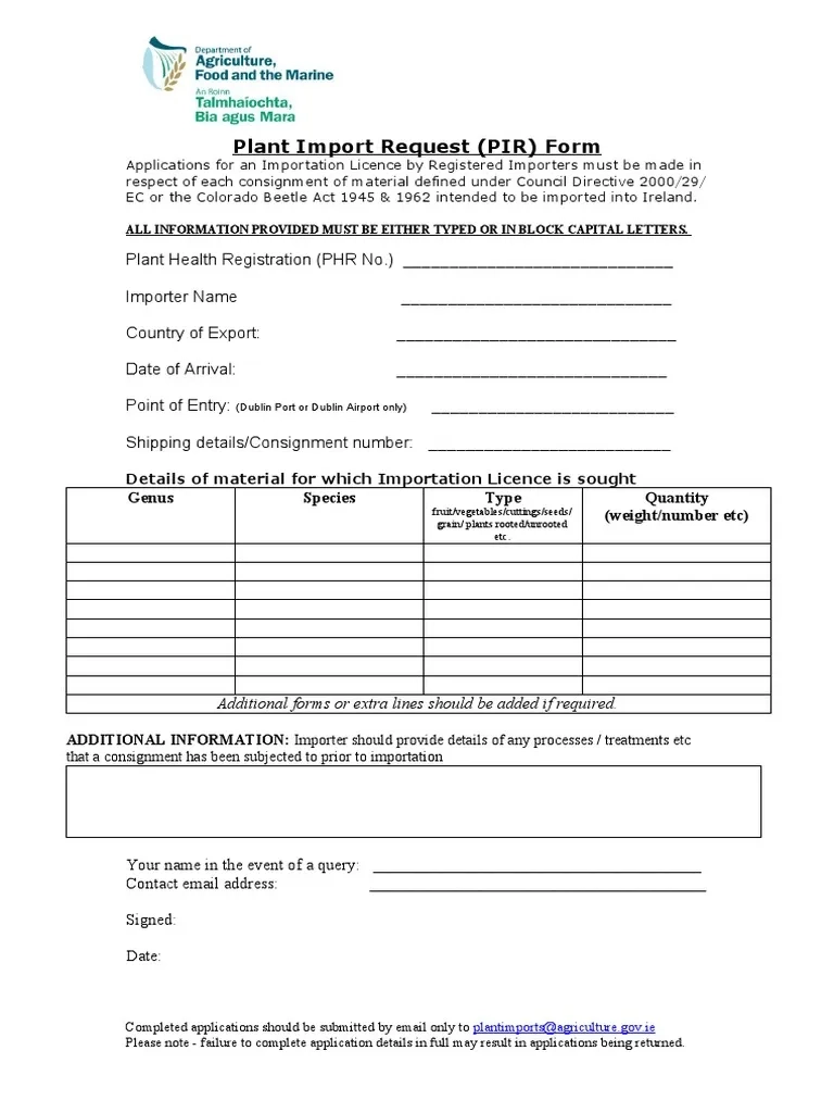 Plant Import Request PIR Form Genus Species Type Quantity 