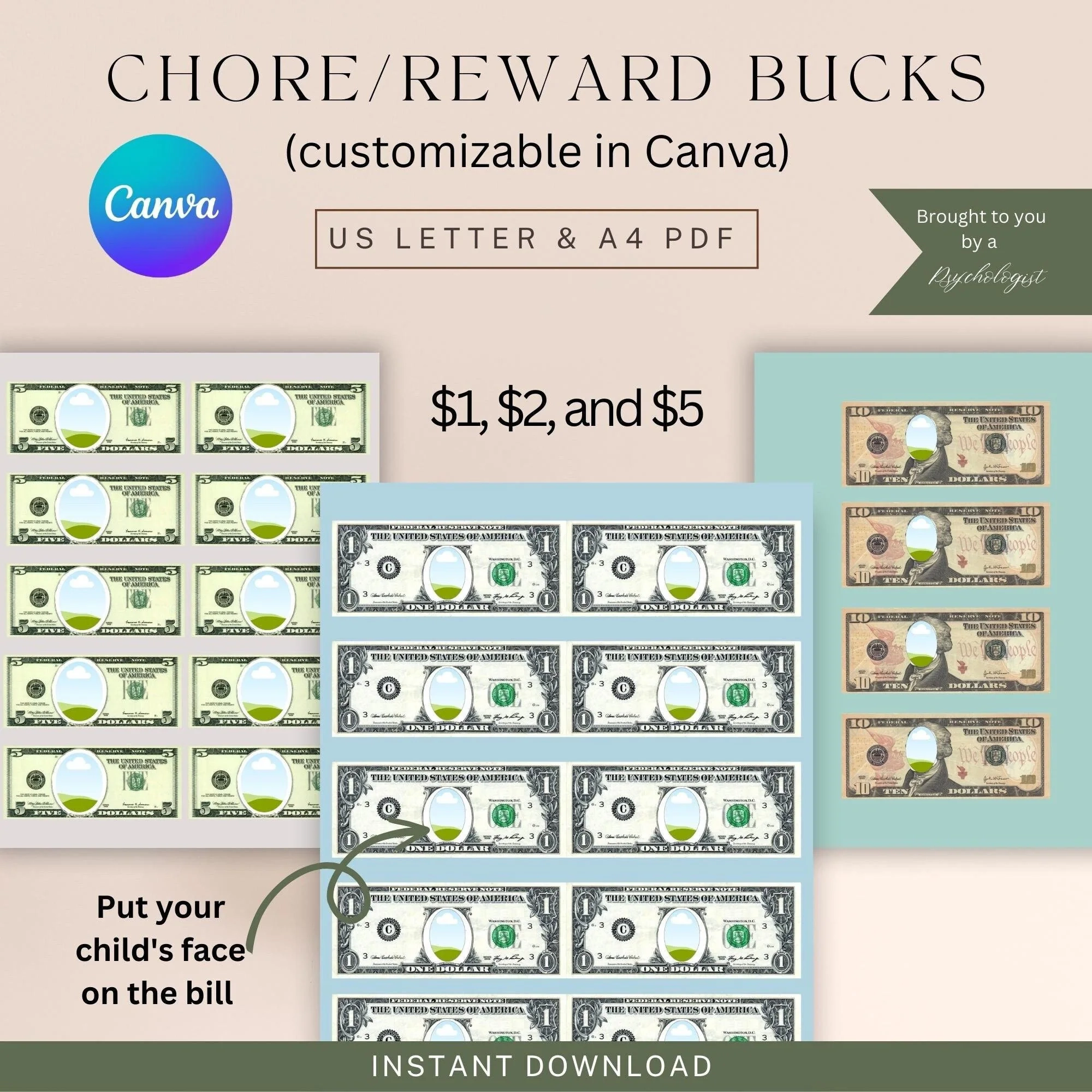 Play Money Printable PDF I Customizable Template I Canva I Reward 