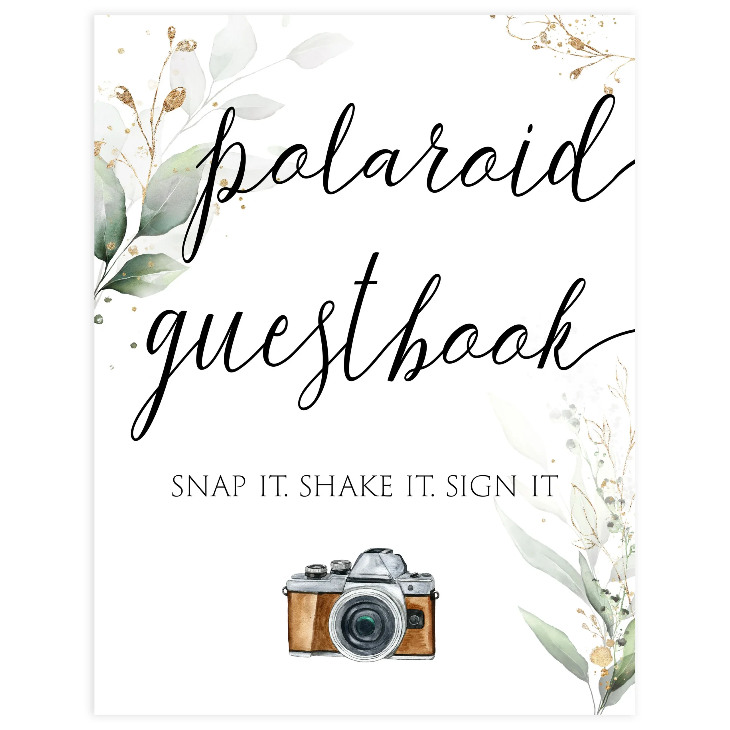 Polaroid Guestbook Table Sign Printable Gold Leaf Bridal Games 