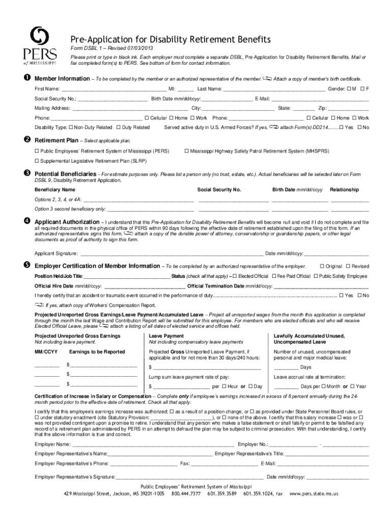 Pre Application For Disability Retirement Benefits PERS Fill 