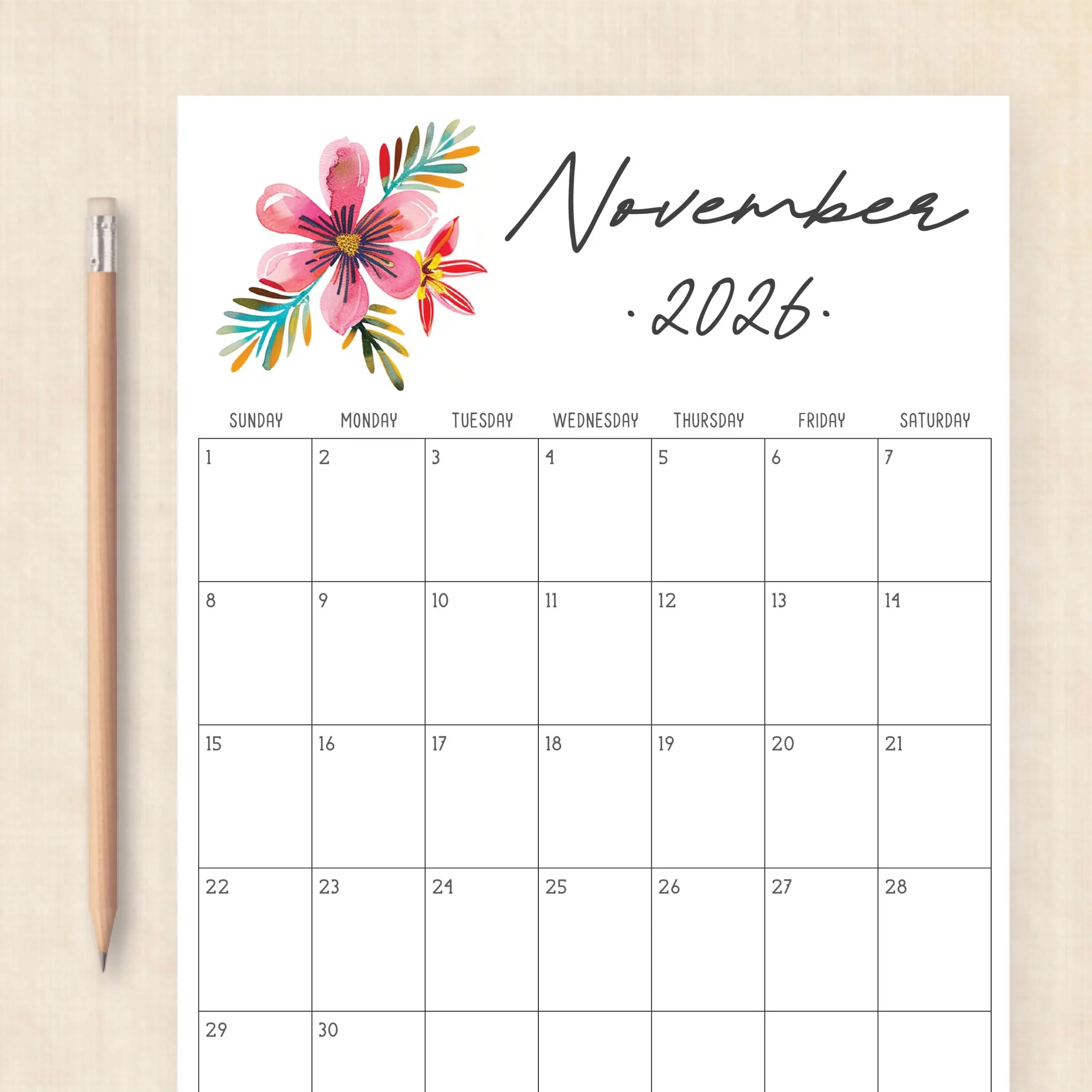 Printable 2026 Calendar Tropical Treasure