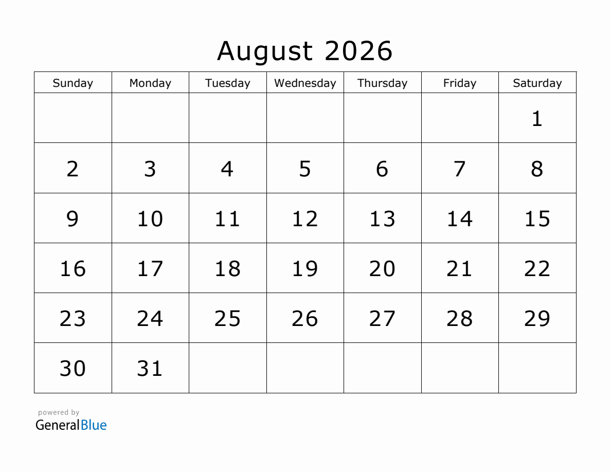 Blank Calendar August 2026