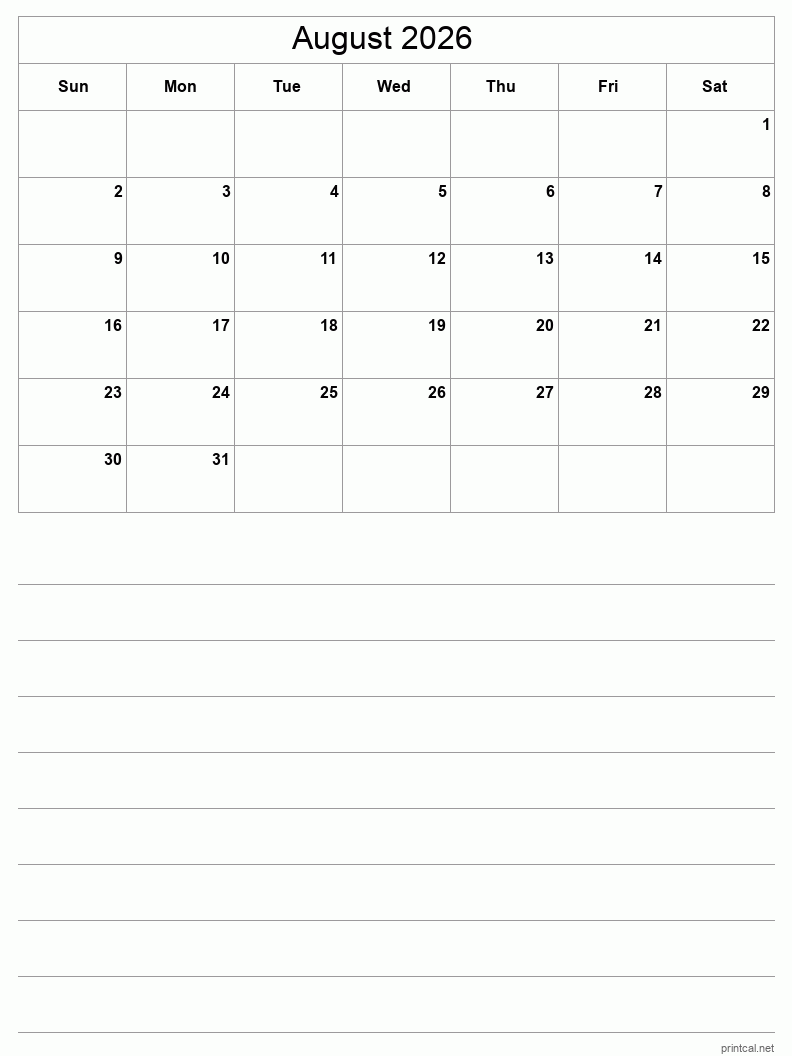 Blank Calendar August 2026 Template