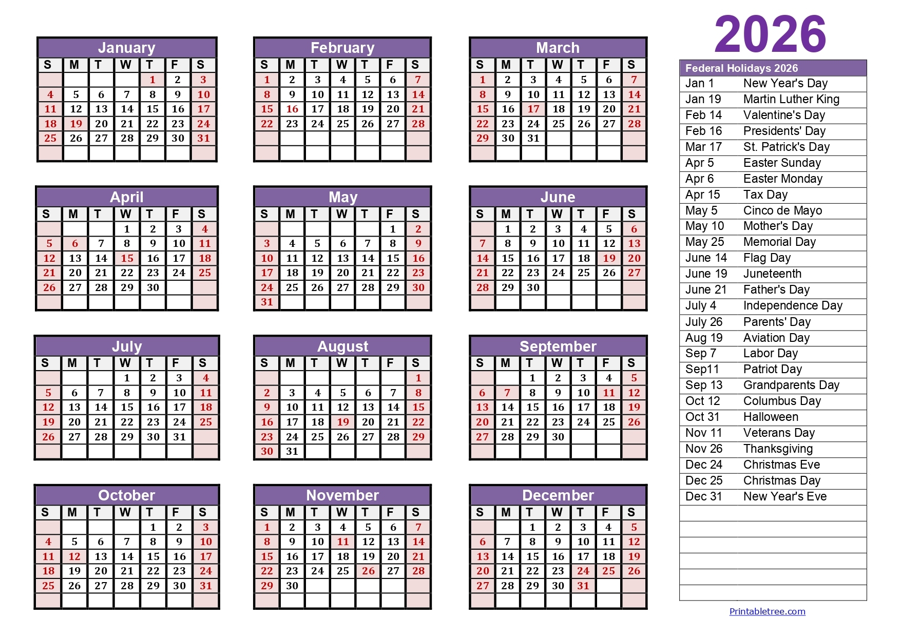 Free 2026 Yearly Calendar Printable One Page