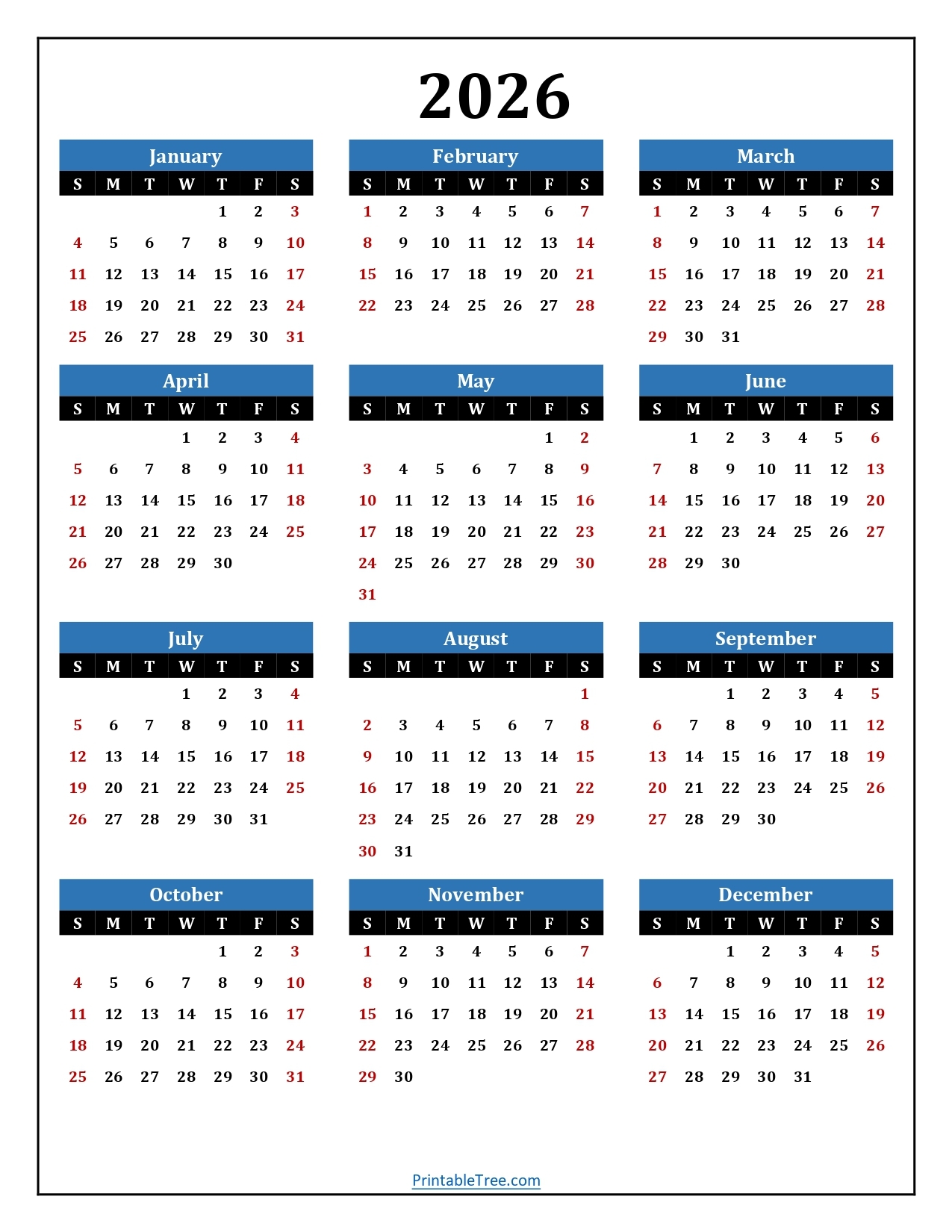 Printable Calendar 2026 One Page With Holidays Single Page 2026 Printable Calendar 2026 One Page With Holidays Single Page 2026