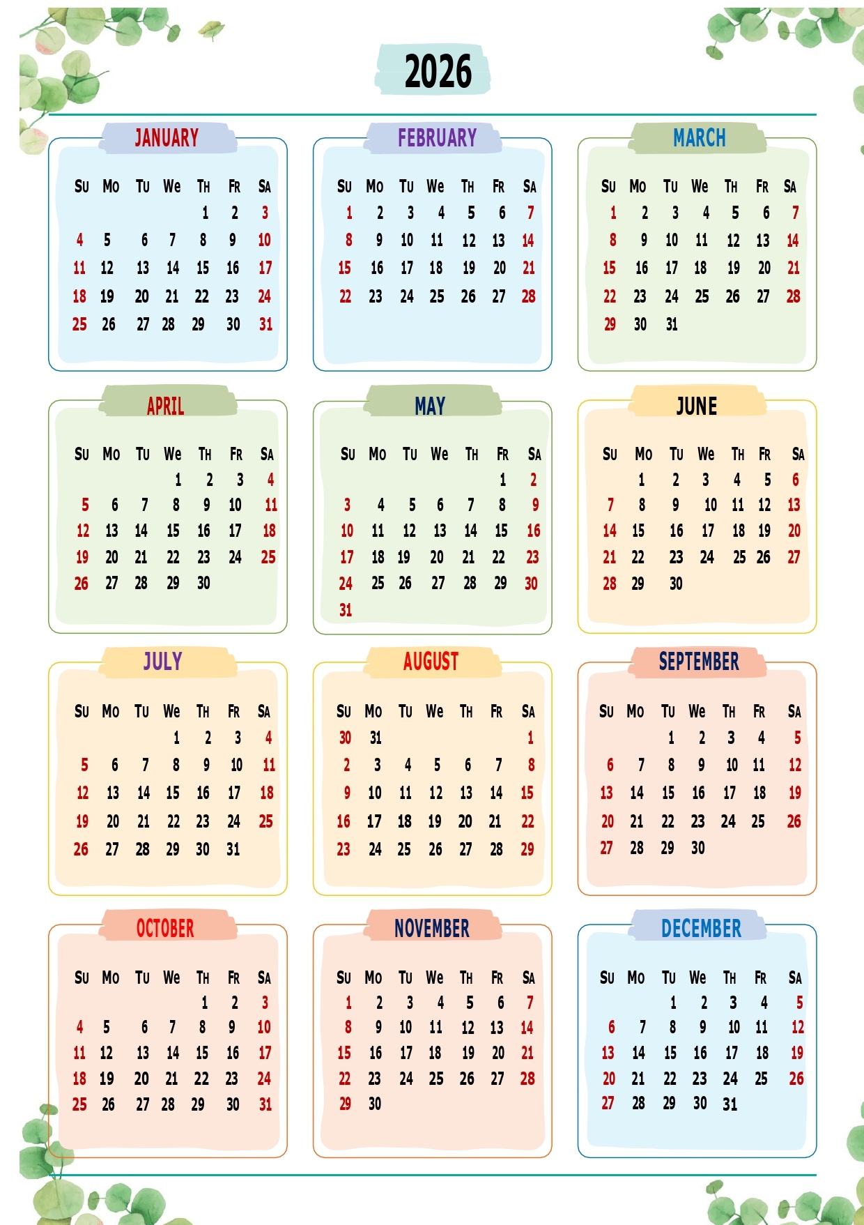 2026 Calendar On One Page Printable