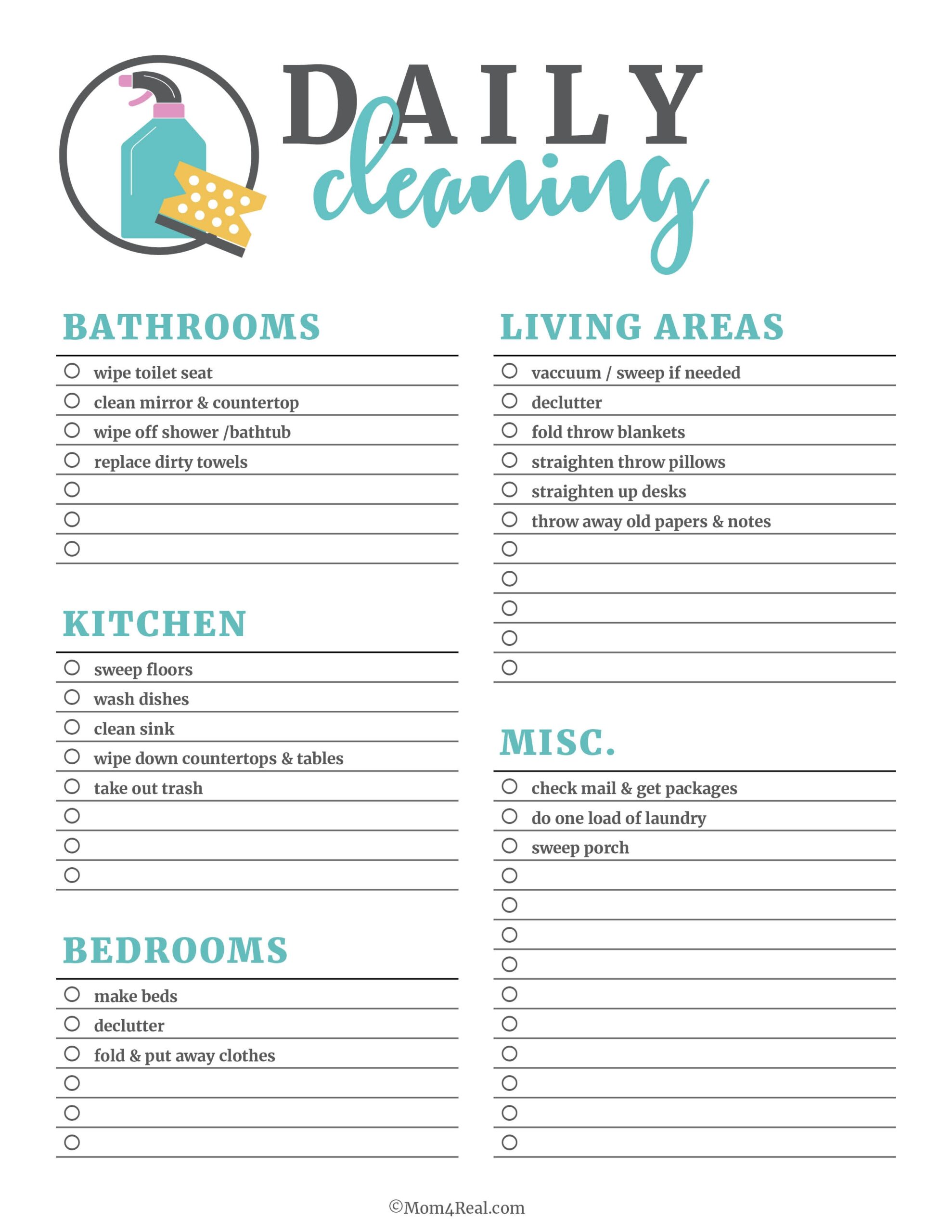 Printable Cleaning Checklists Daily Weekly amp amp Monthly Tasks 