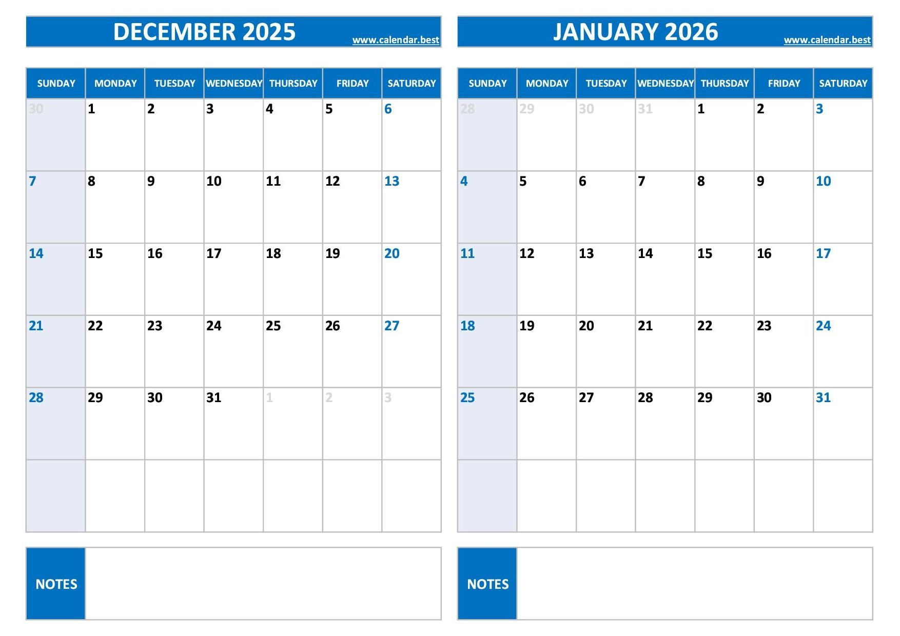 December January Printable Calendar
