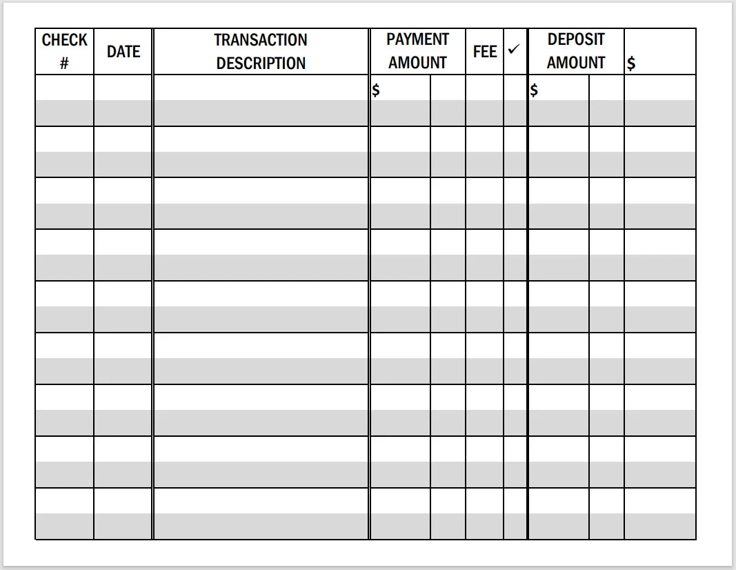 Printable LARGE PRINT Checkbook Register Landscape Format PDF 