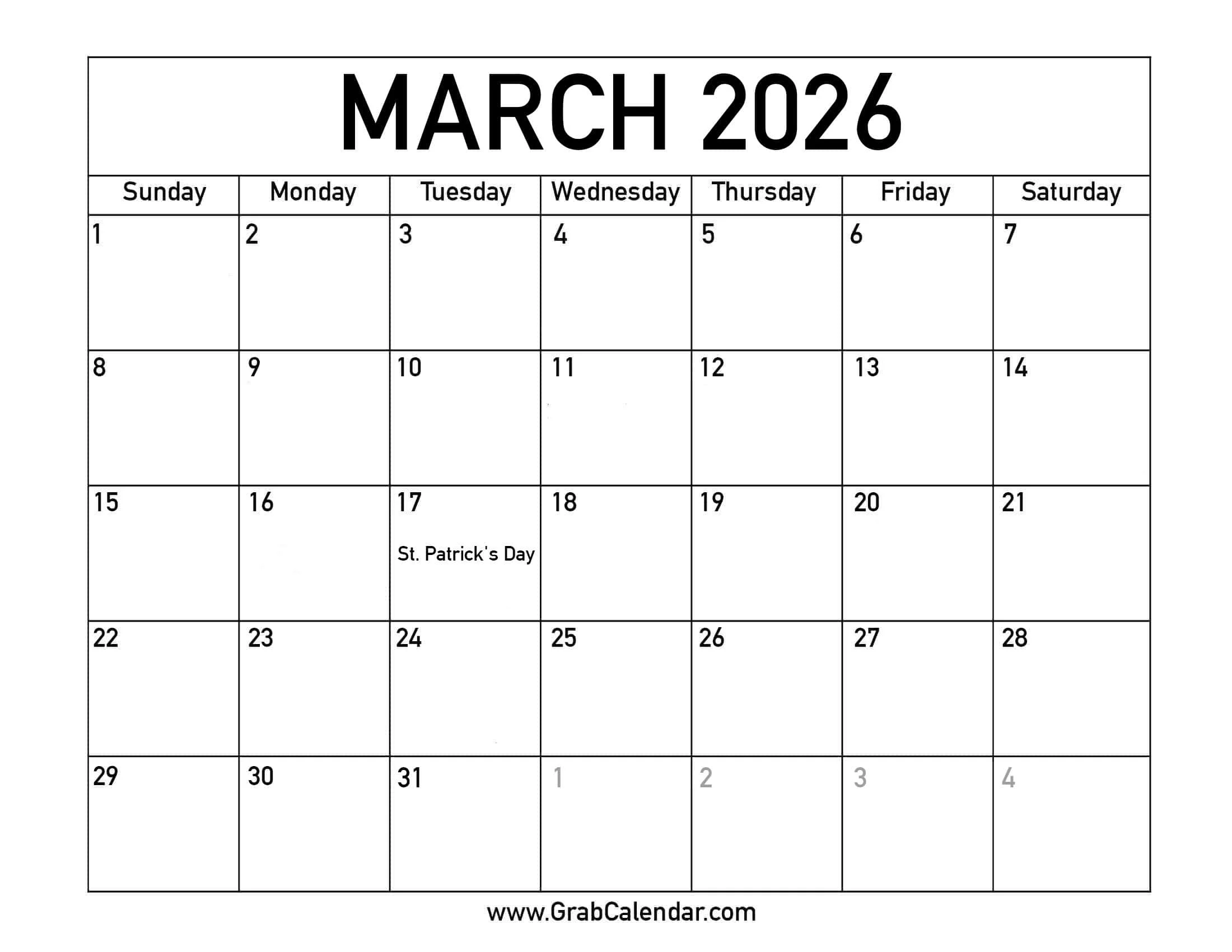 Printable March 2026 Calendar