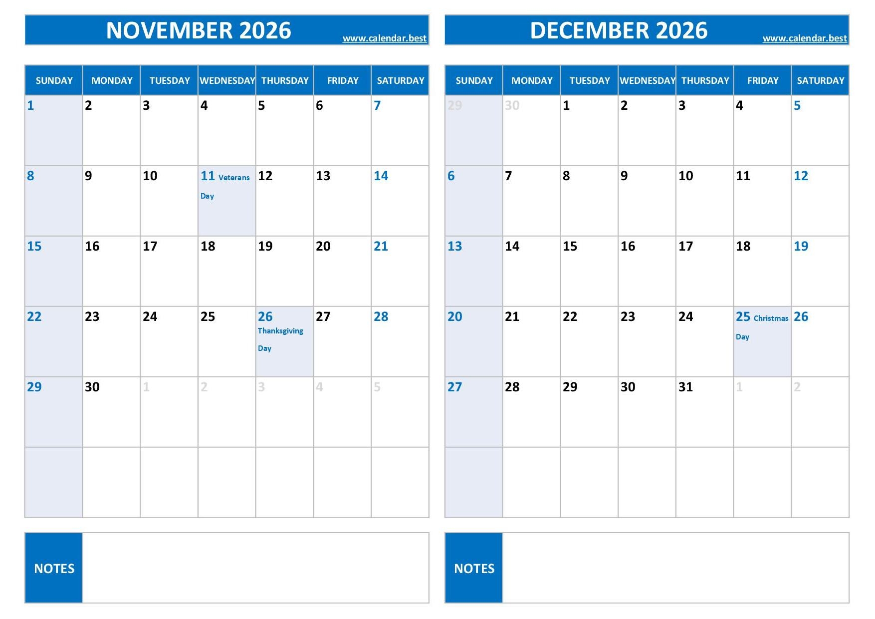 Printable November And December 2026 Calendar Free PDF amp JPG 