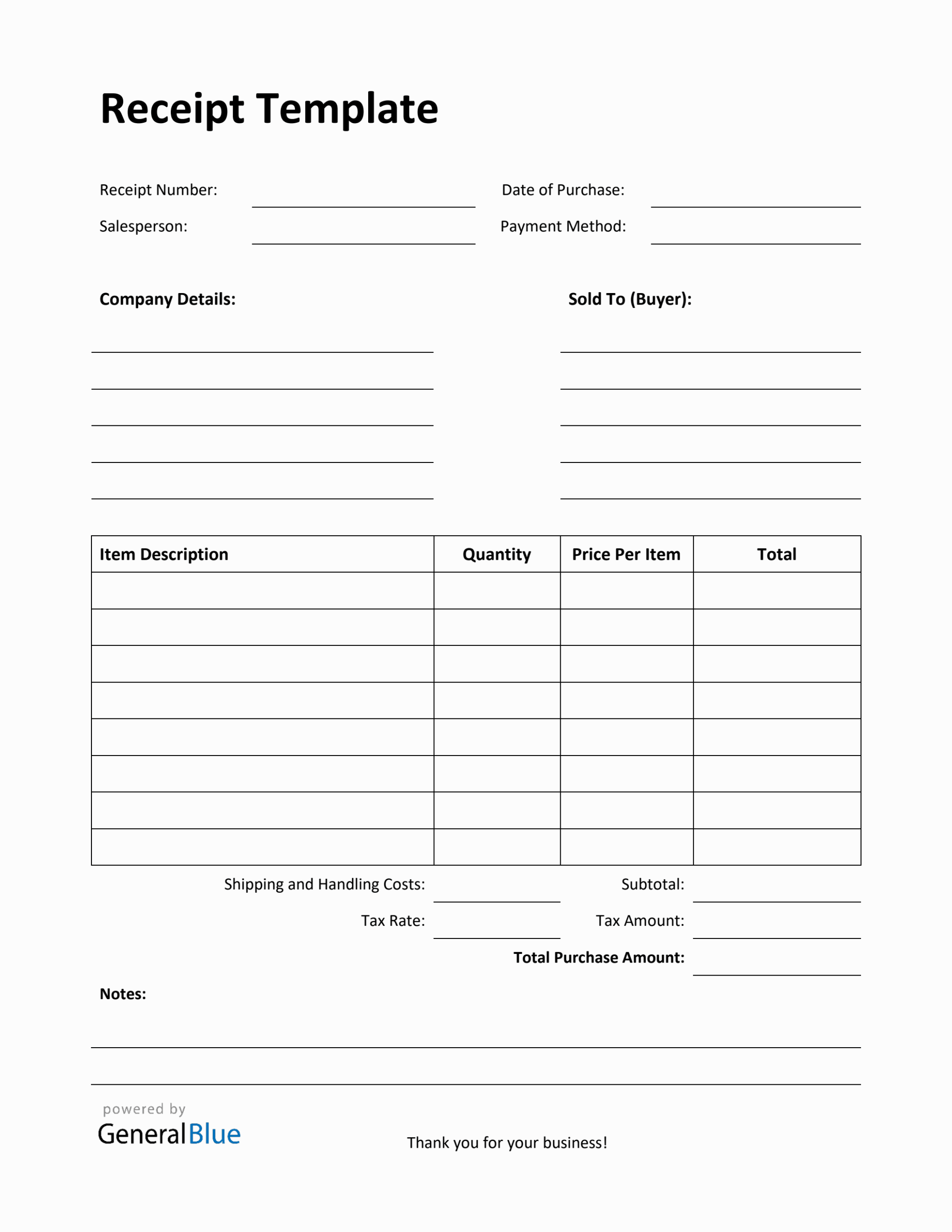Printable Receipt Template With Notes In PDF