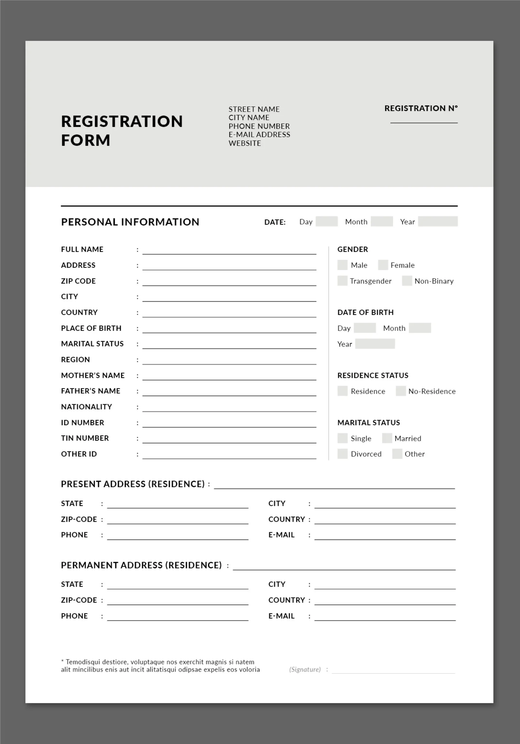 Registration Form Layout Template Document Form Template 