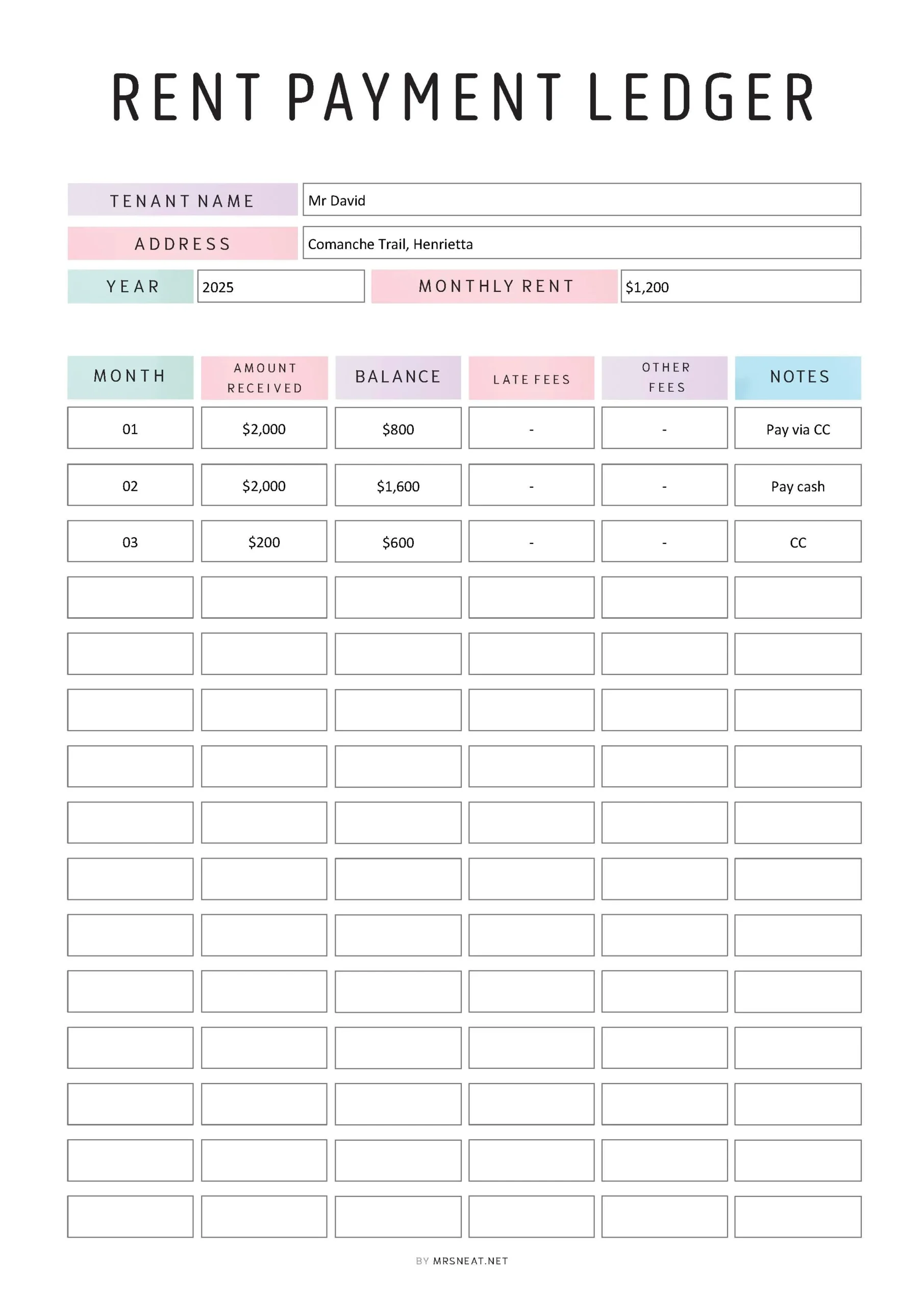 Printable Landlord Rental Payment Ledger Template