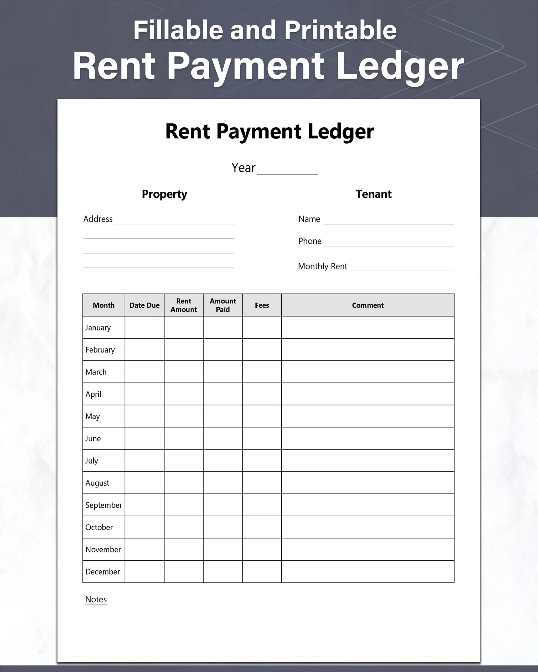 Rent Payment Ledger Tenant Payment Log Fillable And Printable 
